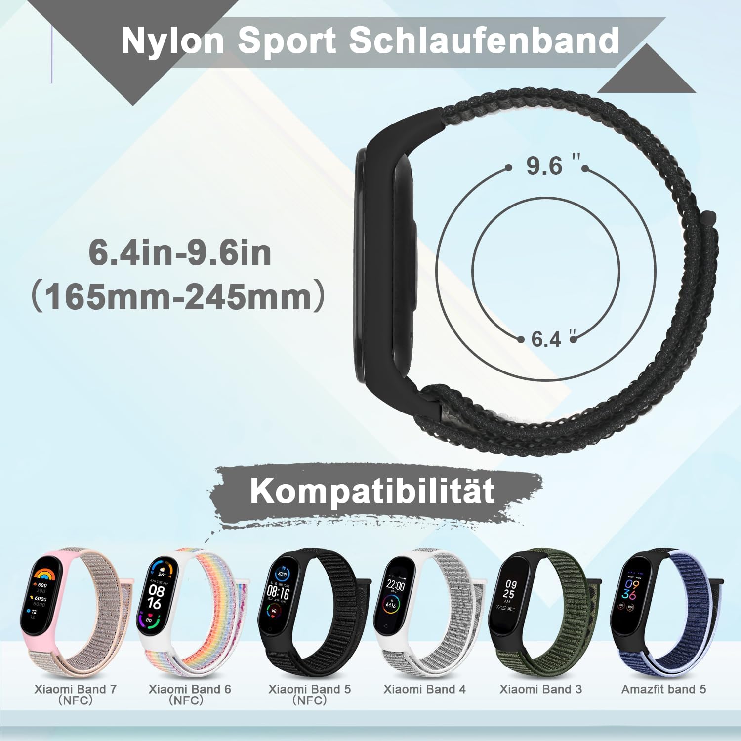 Detalle de Tiptops Nylonarmband kompatibel mit Xiaomi Mi Band 7/6/5/4/3 und Amazfit Band 5 – atmungsaktiv, verstellbar, Klettverschluss