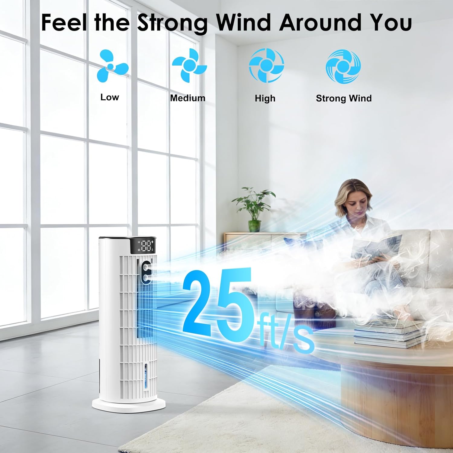 Detalle de Air Cooler Portable Air Conditioner with 3 Speeds, LED Display, and Remote – 90° Oscillation Tower Fan (White)