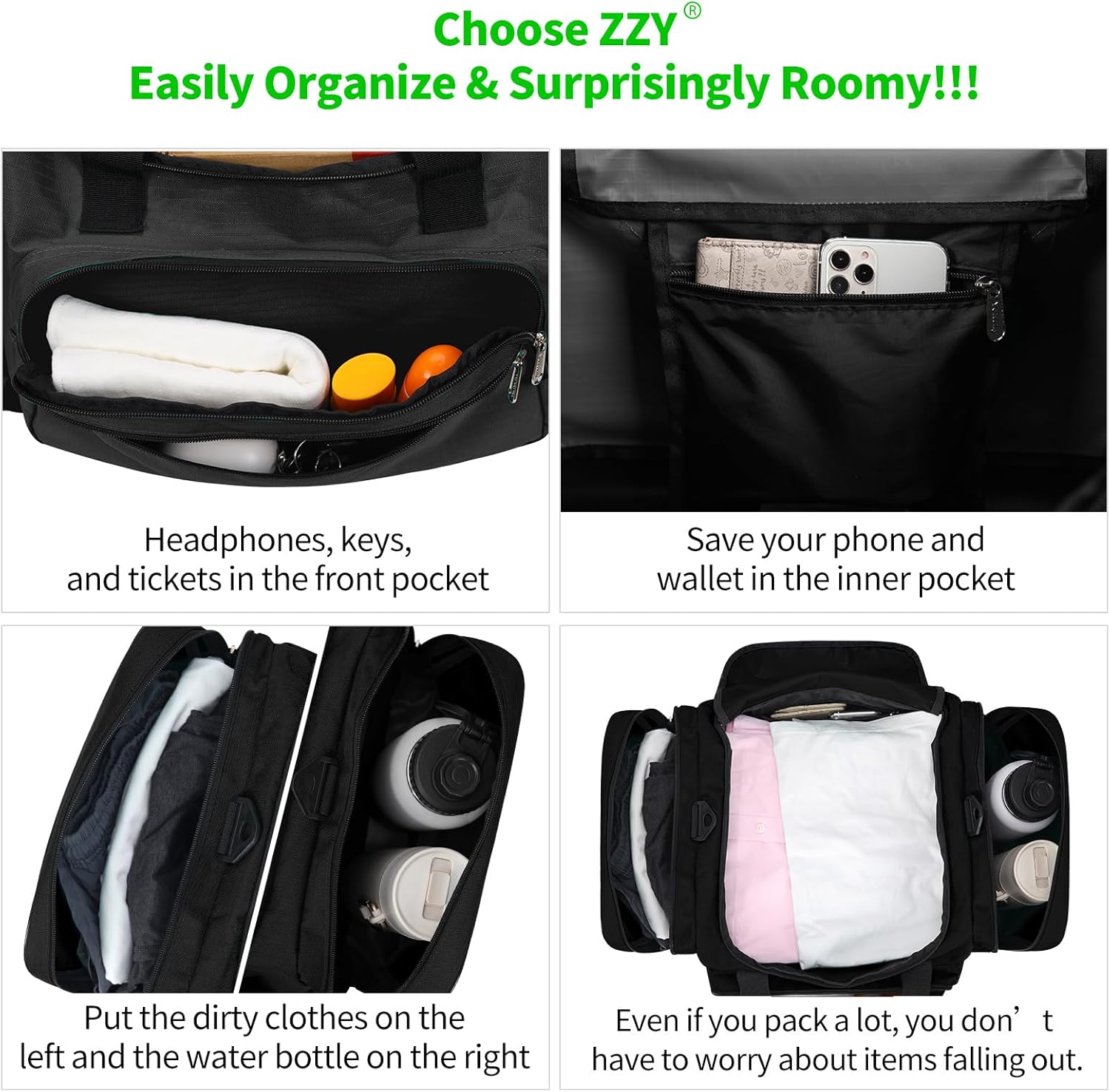 Detalle de ZZY Gym Duffle Bag 40L: Versatile, Water-Resistant Weekender for All