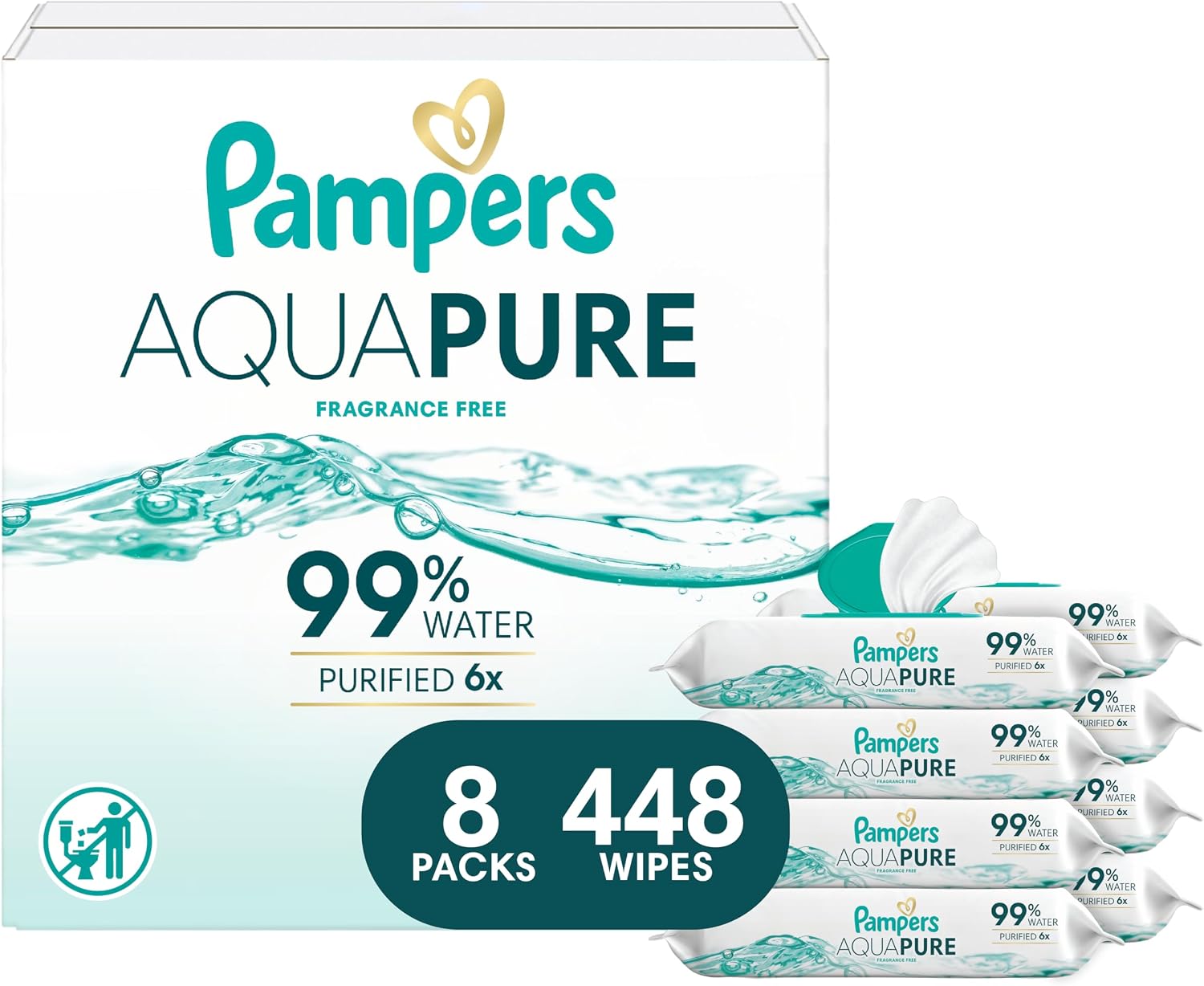 Pampers Aqua Pure Baby Wipes — 99% Water, Fragrance-Free, Unscented, 448 Wipes (8 x Flip-Top Packs)