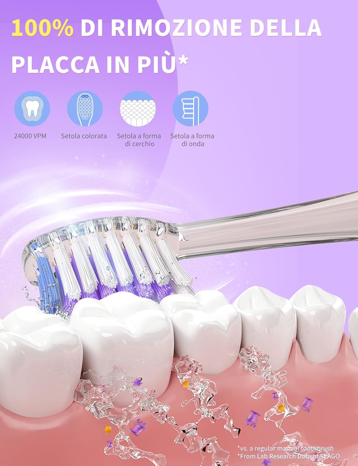 Thumbnail 2 de Seago Spazzolino elettrico per bambini 3-12 anni SG-977 viola, con 4 testine, LED e timer