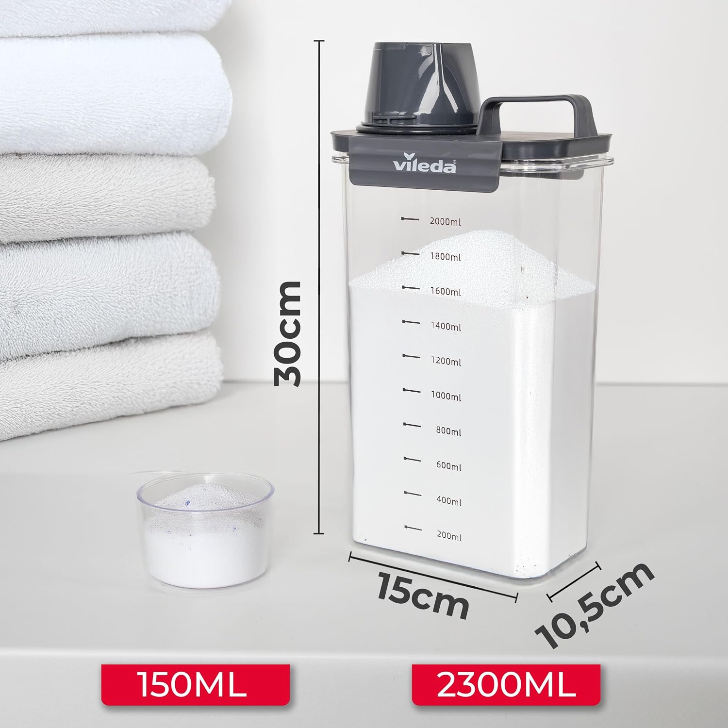Detalle de Vileda Waschmittelbox 2300 ml grau – luftdichte Vorratsbox für Waschpulver & Flüssigwaschmittel mit Messbecher