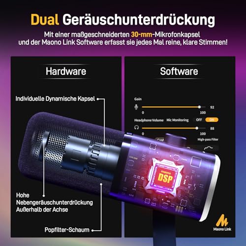 Thumbnail 3 de MAONO PD100XS XLR-USB Streaming Mikrofon mit Arm – Dynamisch, mit Stummschalttaste und Gain-Regler
