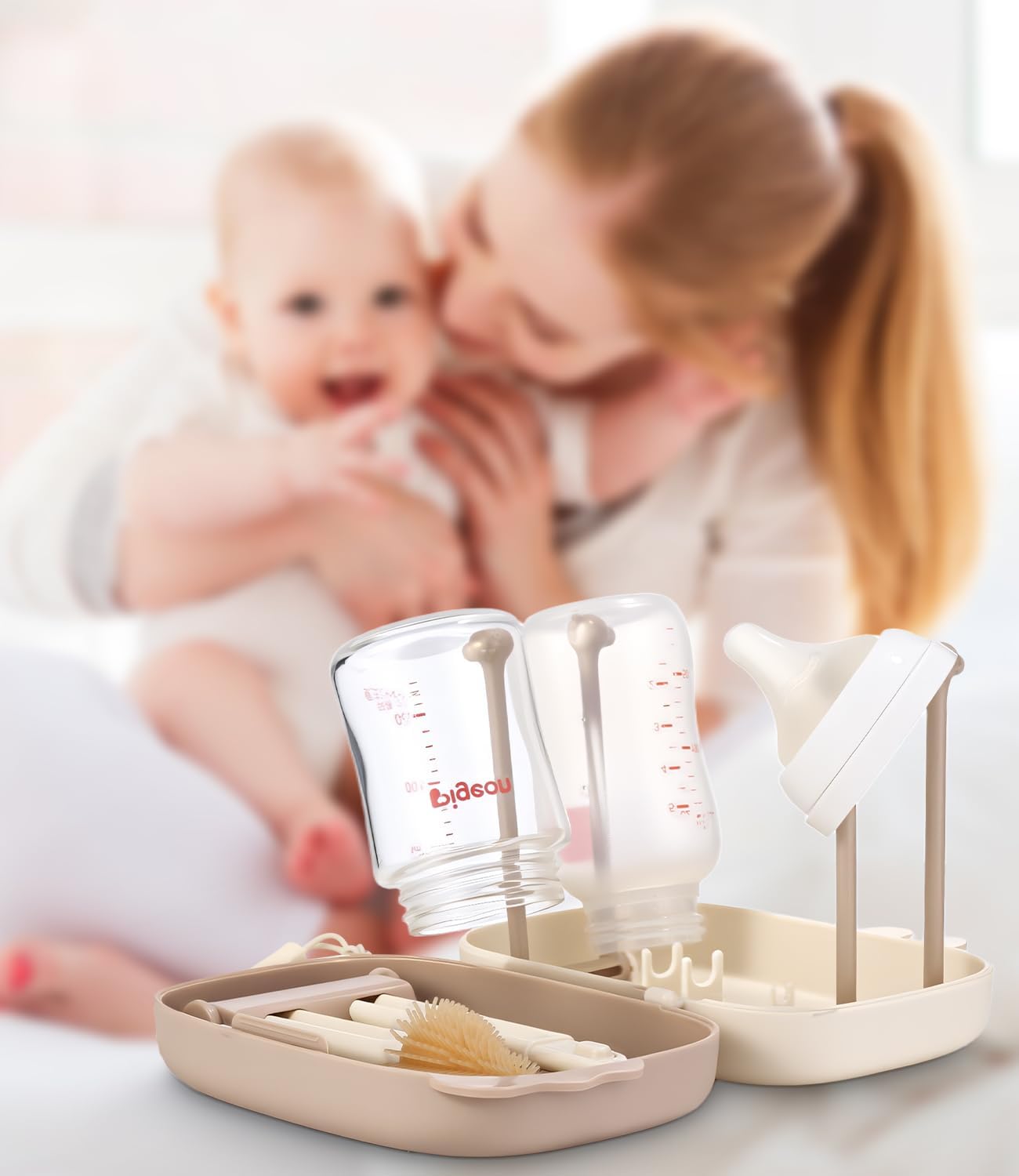 Detalle de Yoxovo 7-in-1 babyflesborstelset met siliconenborstel, speenborstel en droogrek