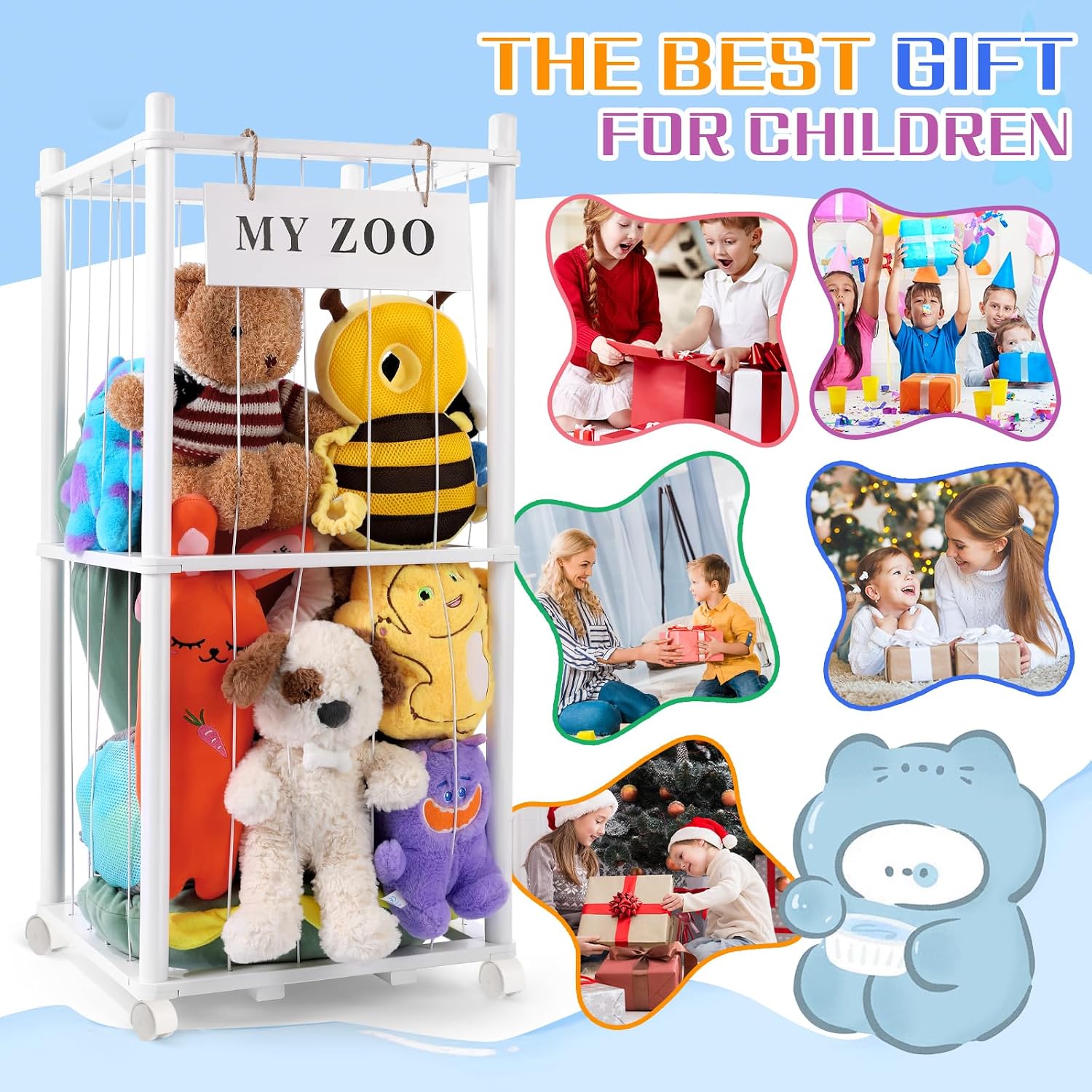 Thumbnail 5 de GLDZI Stuffed Animal Storage Wooden Organizer, Small White with Wheels