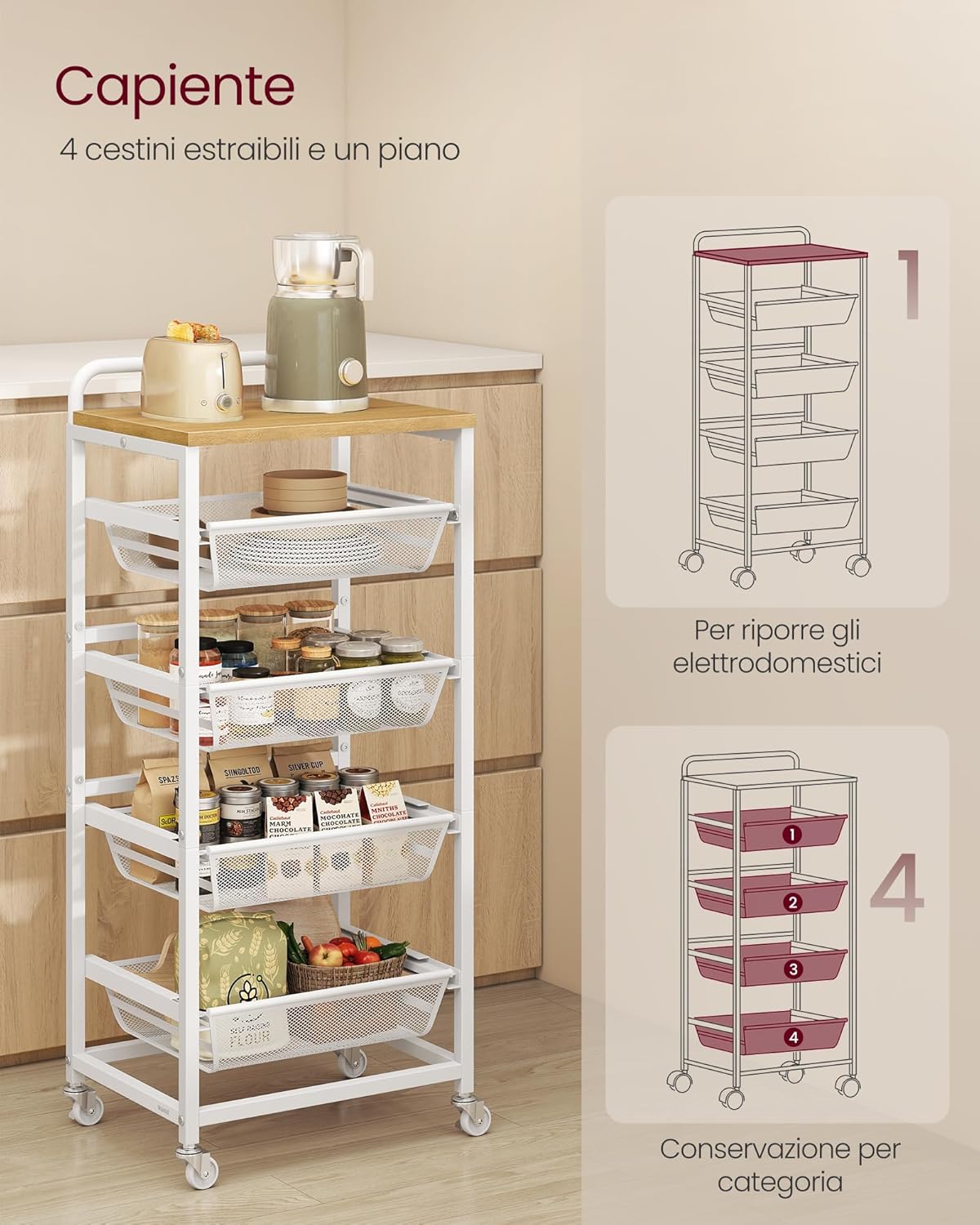 Thumbnail 3 de VASAGLE Carrello da Cucina a 5 Ripiani con Cesti Scorrevoli – Rovere Dorato e Bianco Opaco (LRC041YA01)