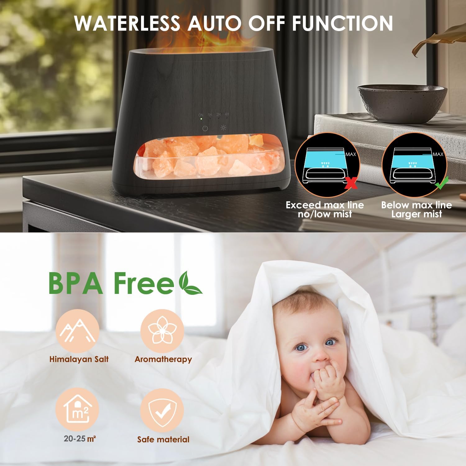 Detalle de SALKING 2-in-1 Aroma Diffuser & Salt Range Lampen-Set (Flammeneffekt), 150 ml, Schwarz