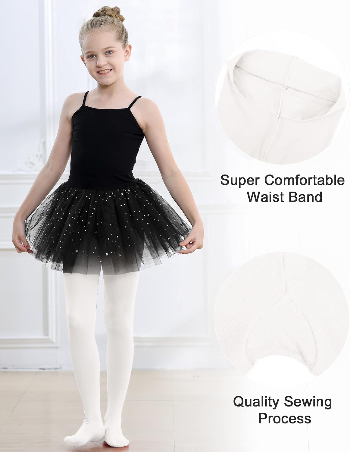 Detalle de Stelle Girls Ballet Dance Tights, Footed, High-Waist, Opaque Stretch, 2T–15Y