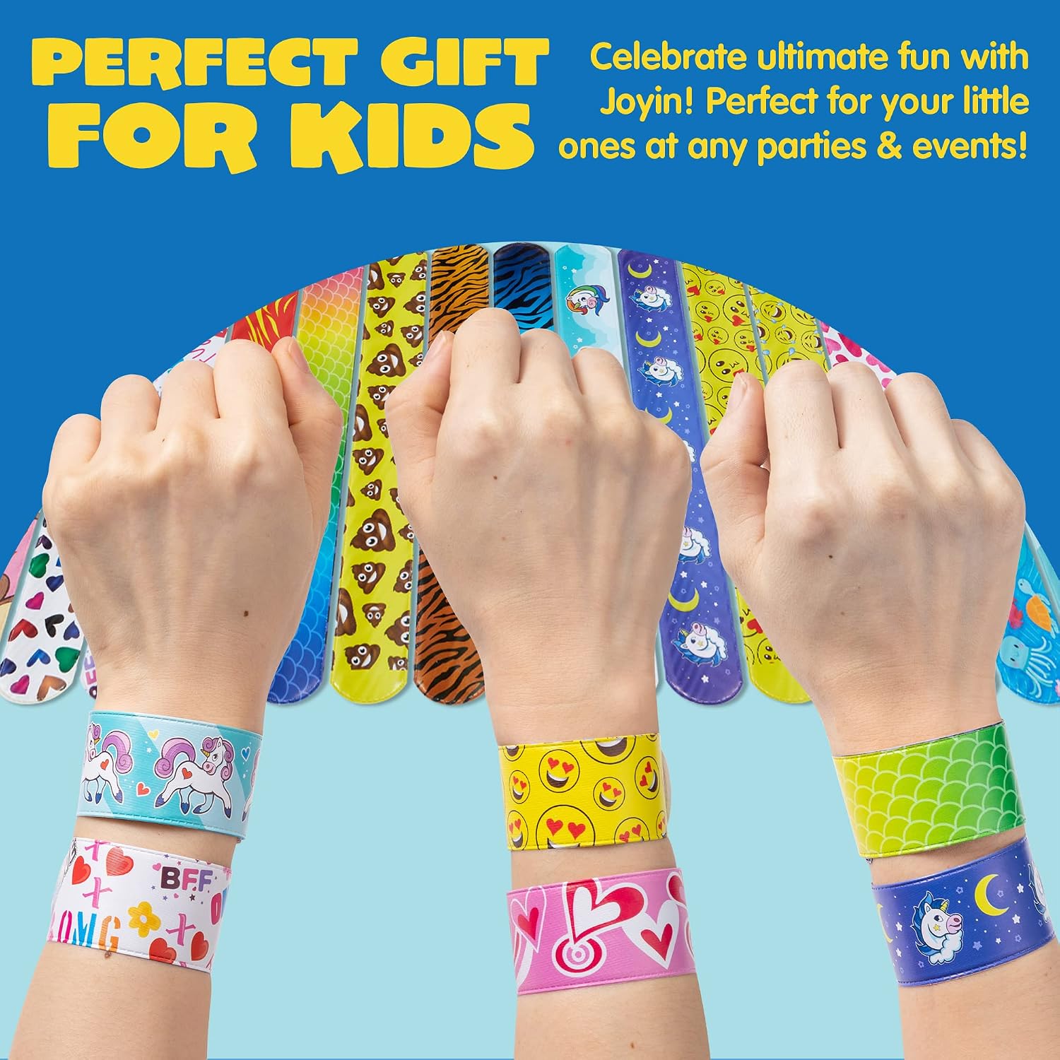 Detalle de JOYIN Slap Band 100er Pack Slap-Armbänder mit 30 Designs (u. a. Einhorn, Herzen) – 22 cm