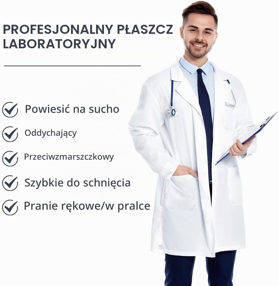 Detalle 2 de AUYAO – biały uniseksowy fartuch laboratoryjny z mieszanki bawełny i poliestru