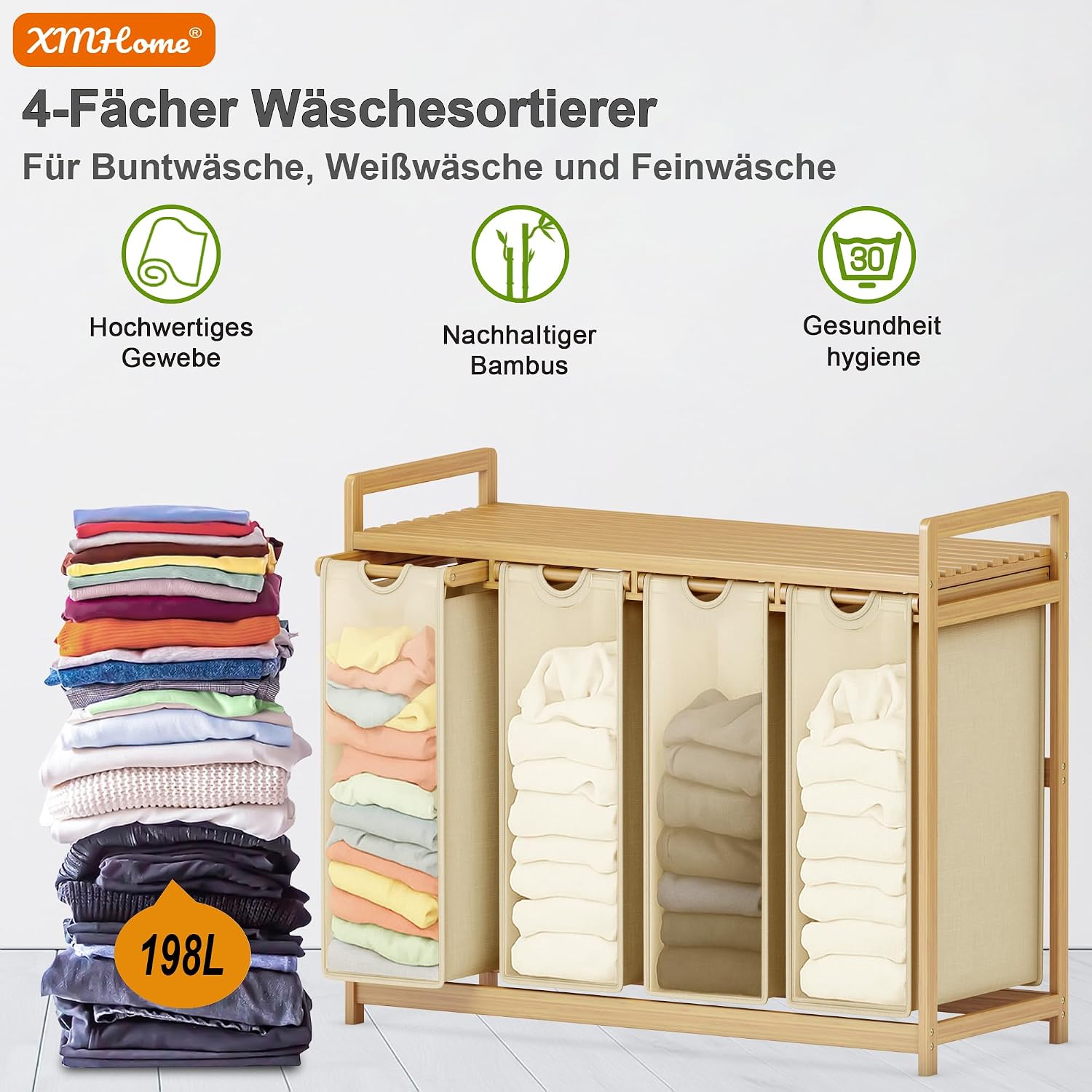 Thumbnail 3 de XMHome Wäschesammler 4 Fächer, 198L mit Bambusrahmen – 4 x 49,5L, ausziehbar, beidseitige Ablage
