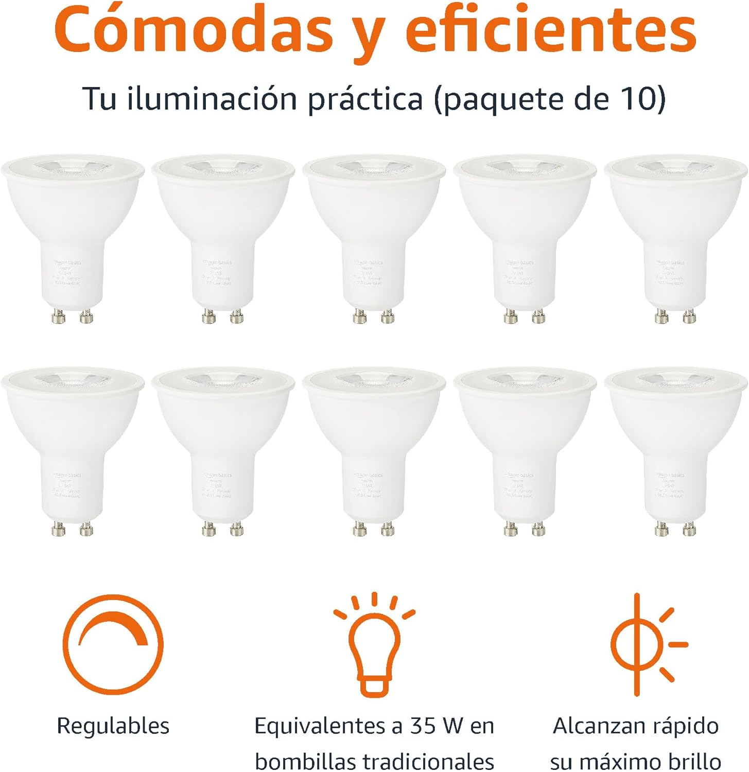 Thumbnail 2 de Amazon Basics Foco LED GU10 3W Blanc Cálido, 10 Uds