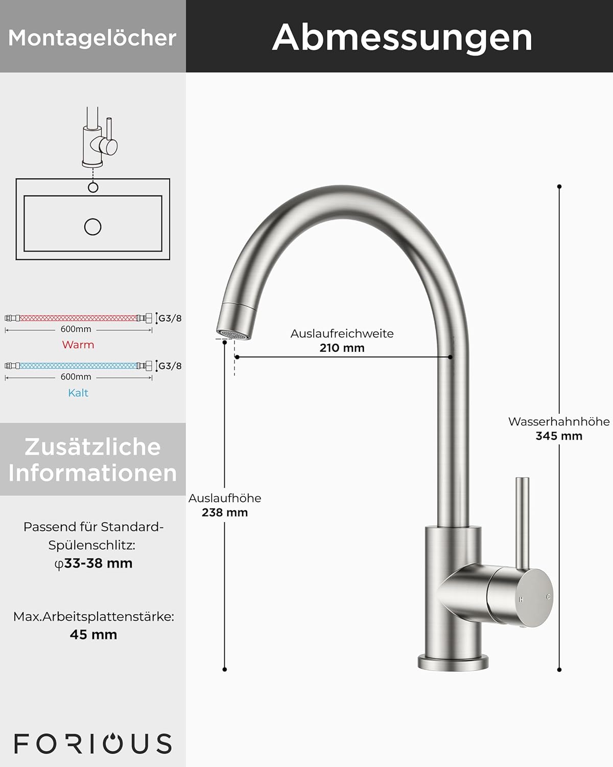 Thumbnail 2 de FORIOUS Küchen-Wasserhahn Edelstahl 360° Einhebel-Mischbatterie