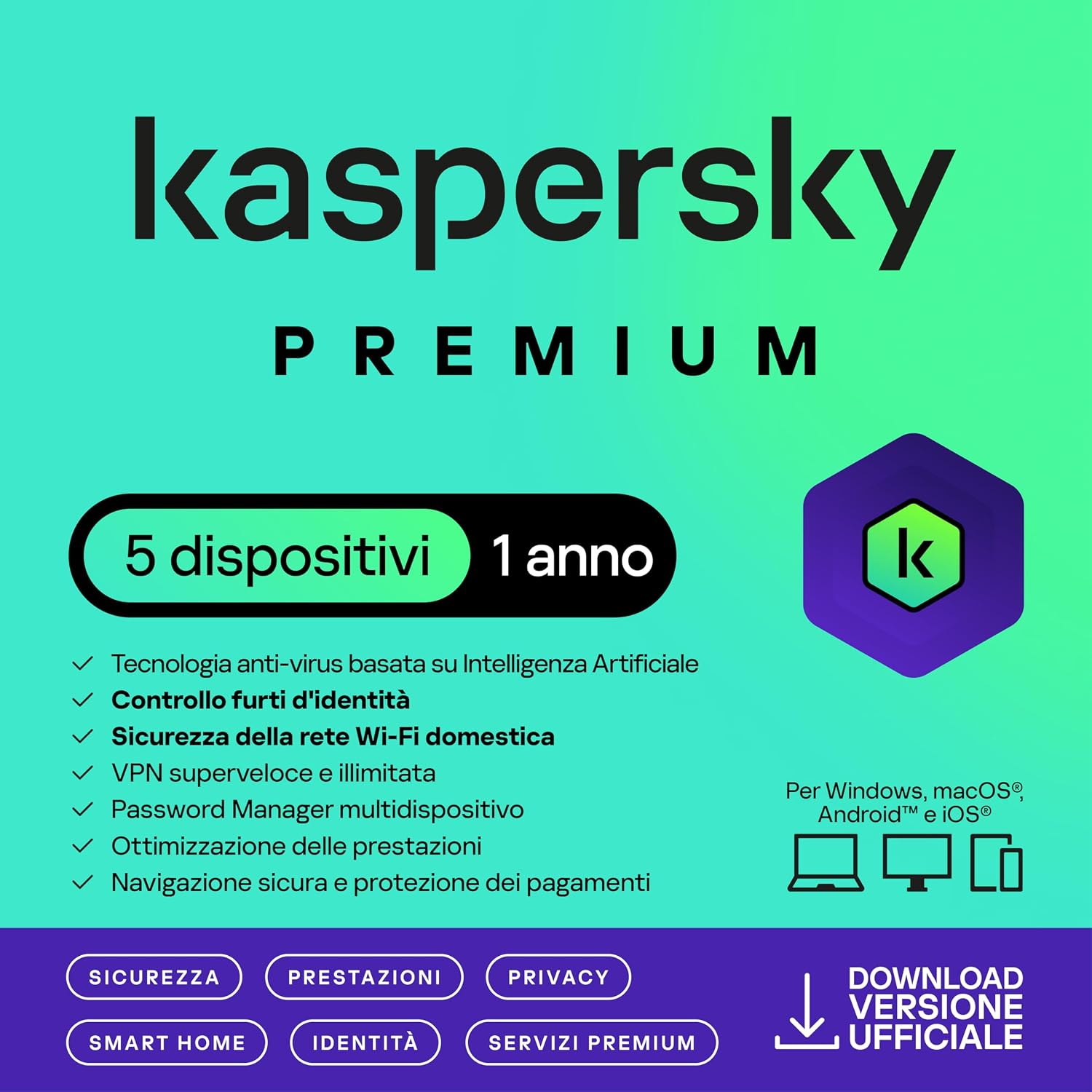 Detalle de Kaspersky Premium Total Security 2026 per 5 dispositivi – protezione completa, VPN illimitata e Password Manager