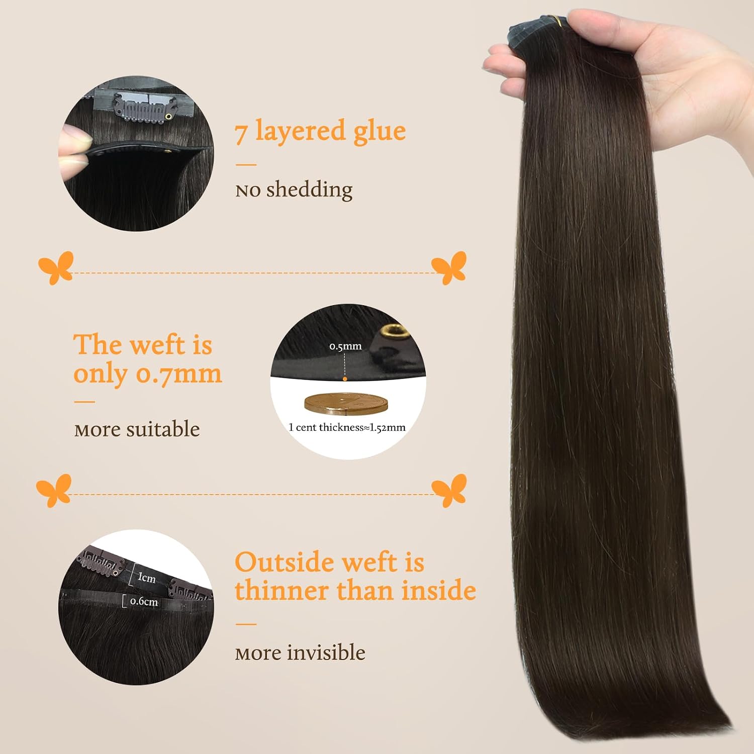 Detalle de DOORES Dark Brown Clip-In Hair Extensions (110g, 7pcs, 22 Inch) — Seamless Remy Hair with Invisi Edge