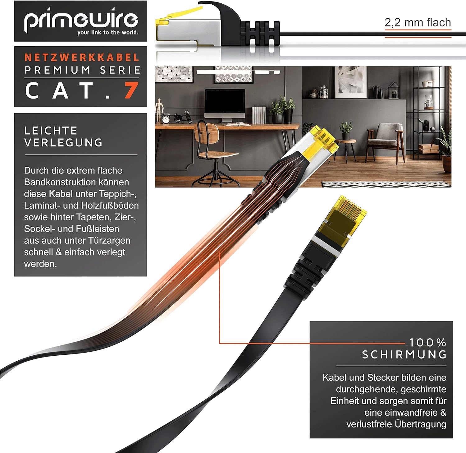 Thumbnail 3 de Primewire CAT.7 Flachbandkabel 30 m | U/FTP Schirmung, RJ45 Stecker, 10 Gbit/s, flaches Patchkabel