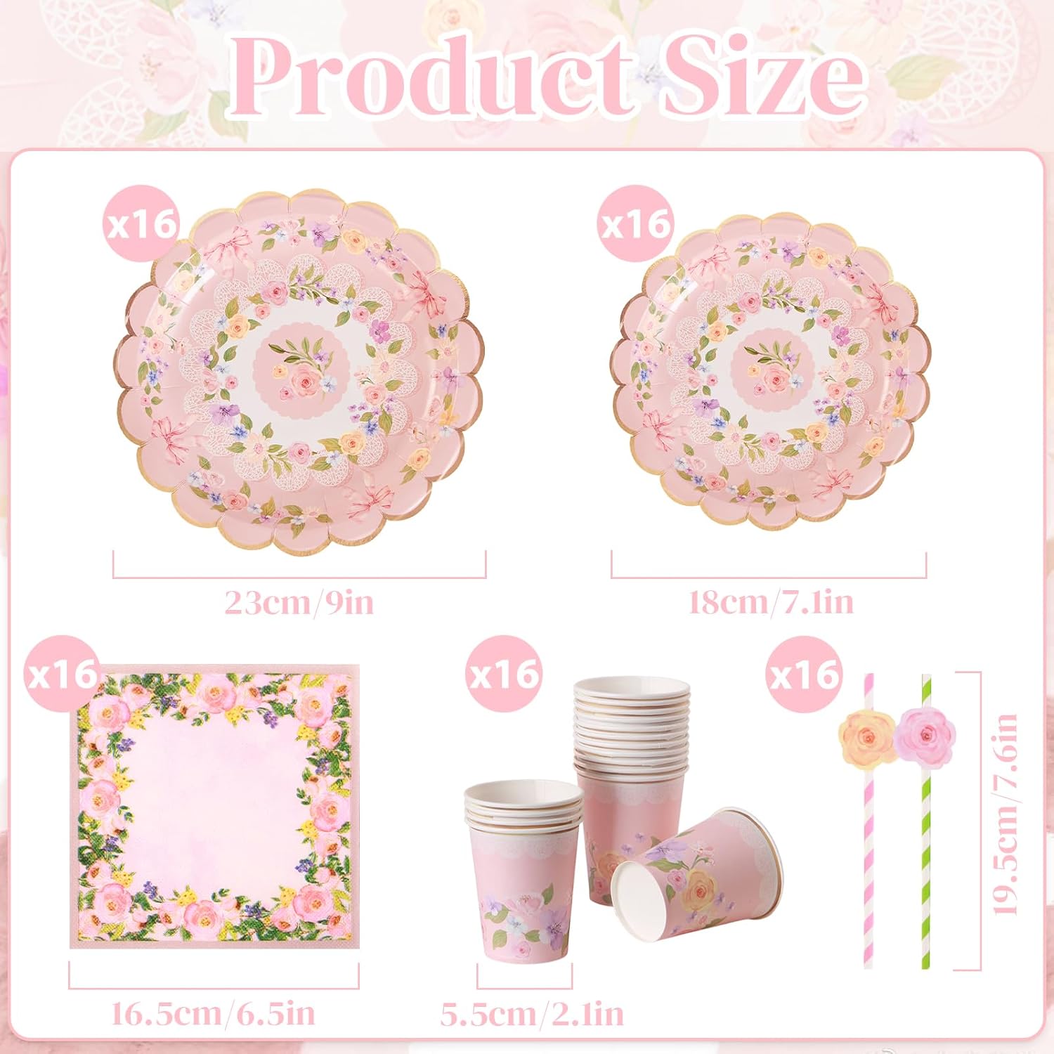 Detalle de SUNBEAUTY 80pcs Afternoon Tea Decorations – Floral Plates, Straws, Napkins & Bow Cups