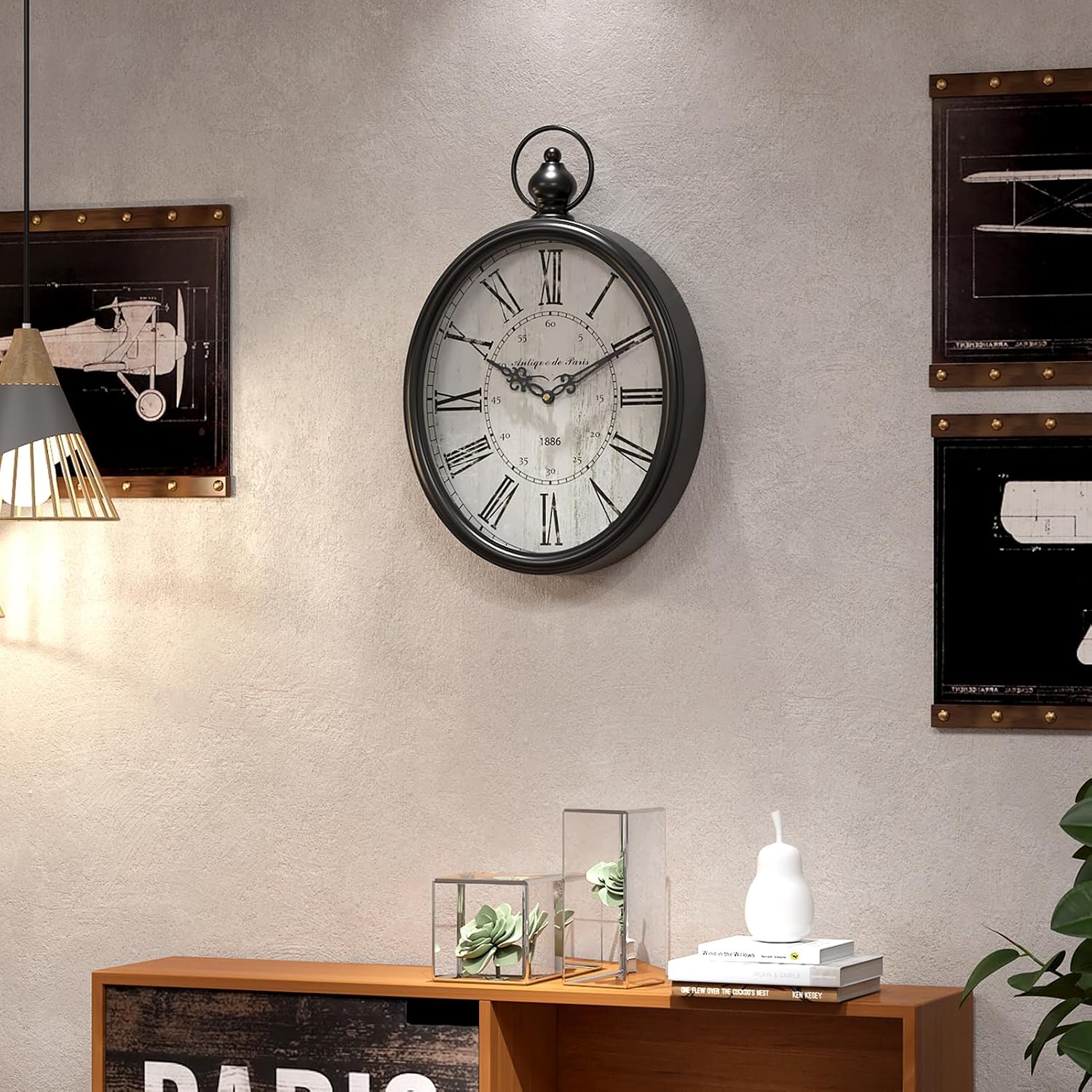 Detalle 1 de Menterry owalny zegar ścienny retro, cichy mechanizm, 39 × 27 cm