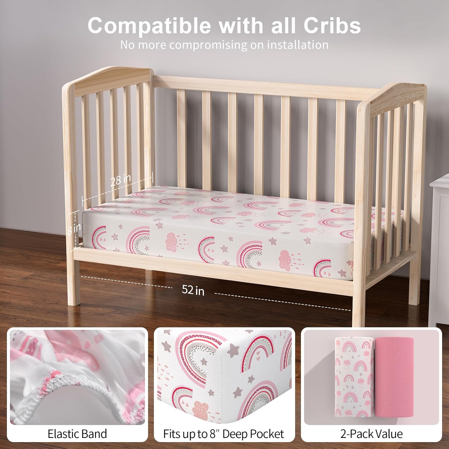 Thumbnail 6 de IOCCLH Baby Crib Sheets, 2-Pack Microfiber, Pink Rainbow & Pink, 28 x 52 x 8 in