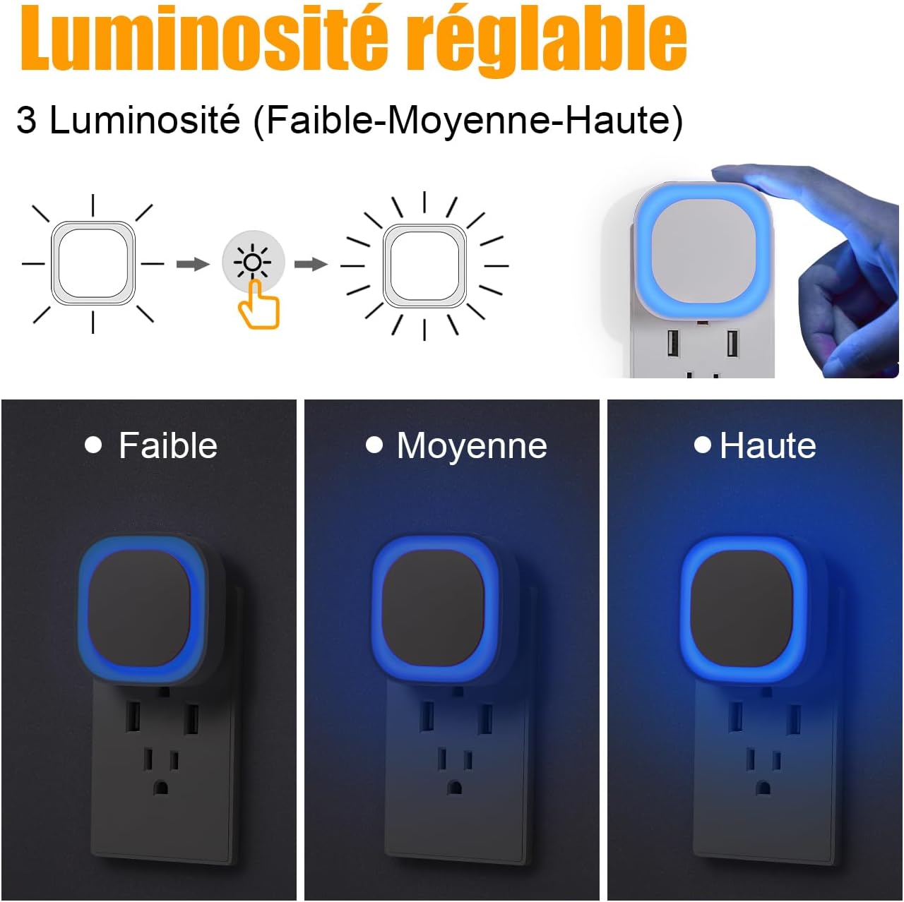 Thumbnail 1 de Lot de 2 veilleuses LED YUNLEX avec capteur crépusculaire et variateur à 3 niveaux (Azur)