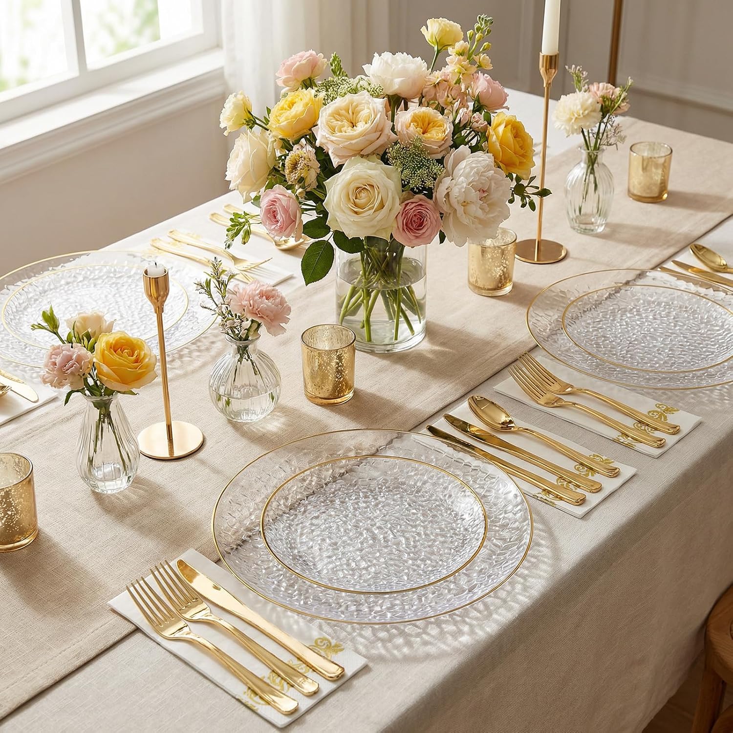 Thumbnail 3 de Rubtlamp 350 Pcs Clear Gold Hammered Plastic Dinnerware Set