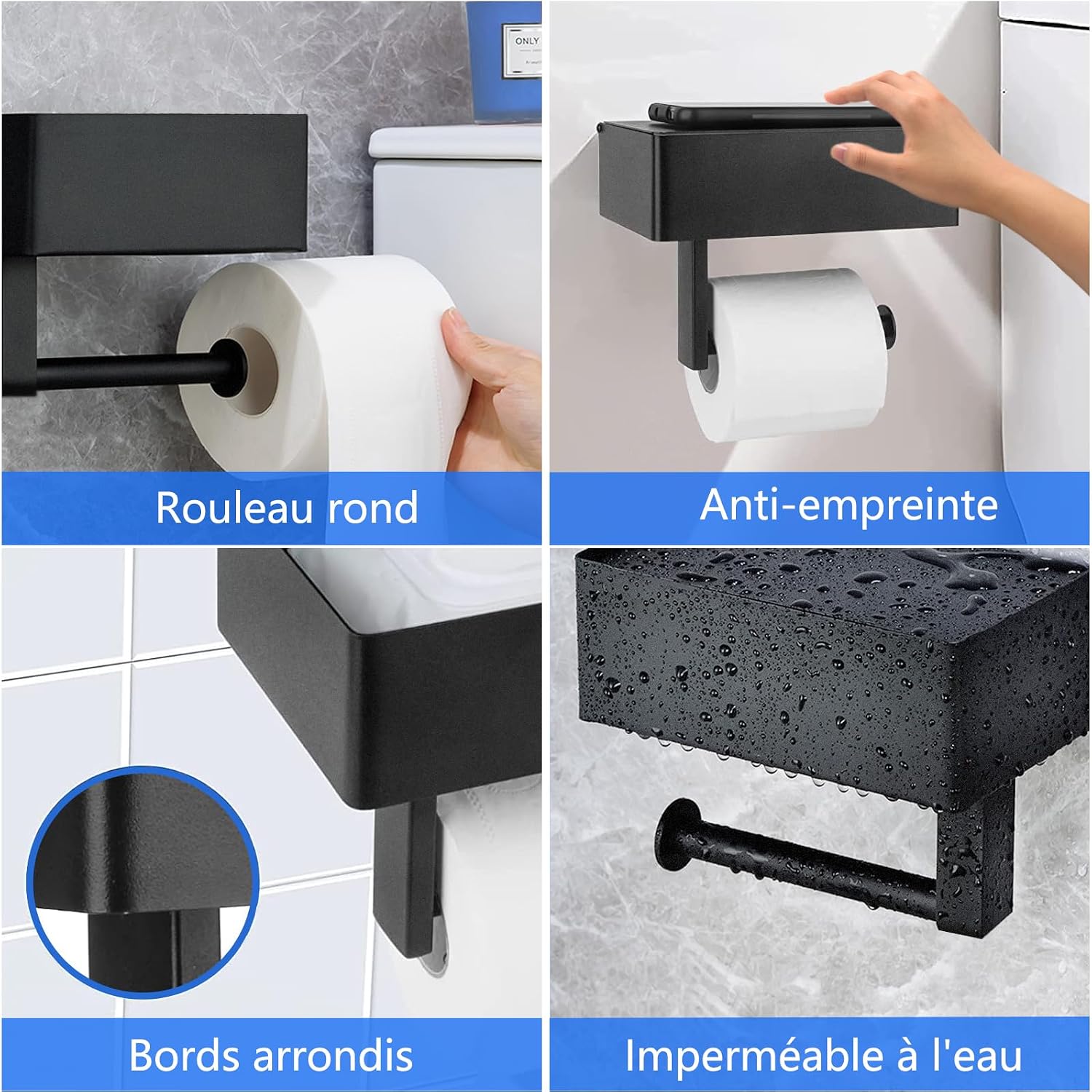 Detalle de GUIGUZI WSZJ-BE toiletrolhouder met doekjesbox, mat zwart en twee montageopties