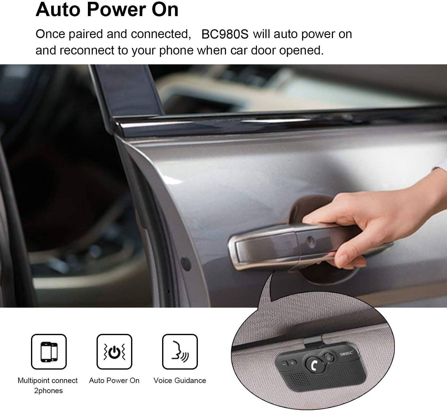 Detalle 2 de SUNITEC BC980SA Hands Free Car Phone Kit Bluetooth with Auto Power On and Siri support