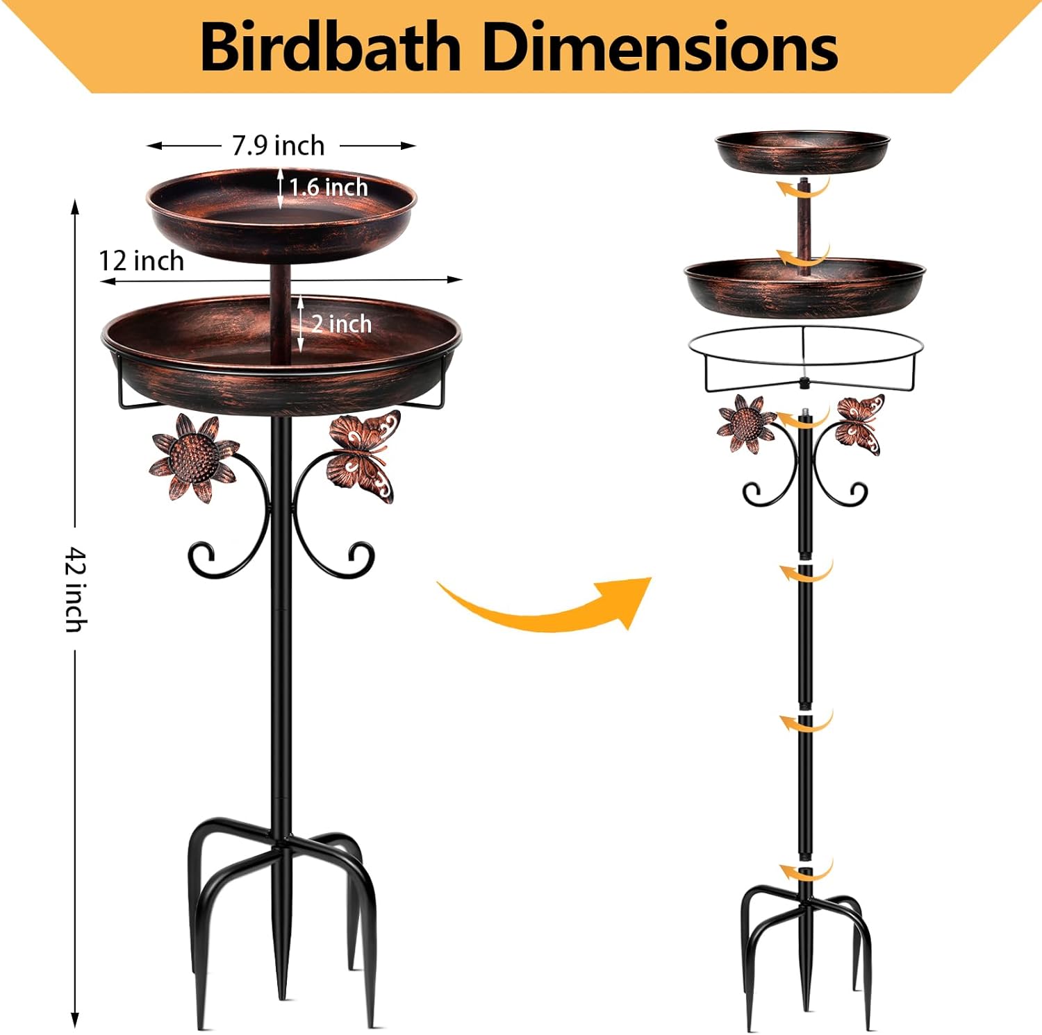 Thumbnail 6 de Metal Double Bird Bath & Feeder, 42in Freestanding Outdoor Birdbath (Antique Bronze) with 5-Pronged Base
