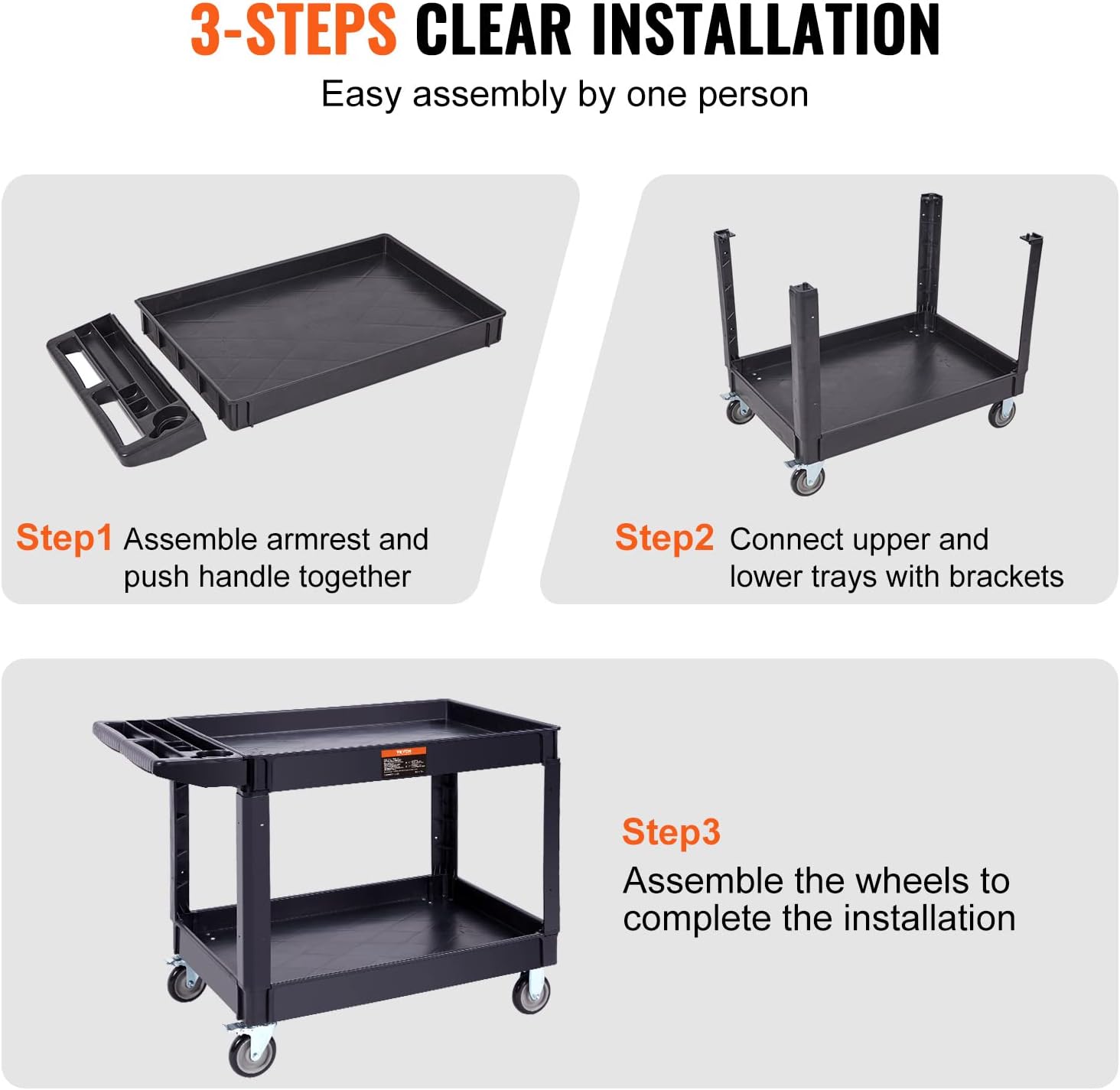 Thumbnail 5 de VEVOR 2 Shelf Utility Service Cart, 550 lb Capacity, PP Rolling Cart