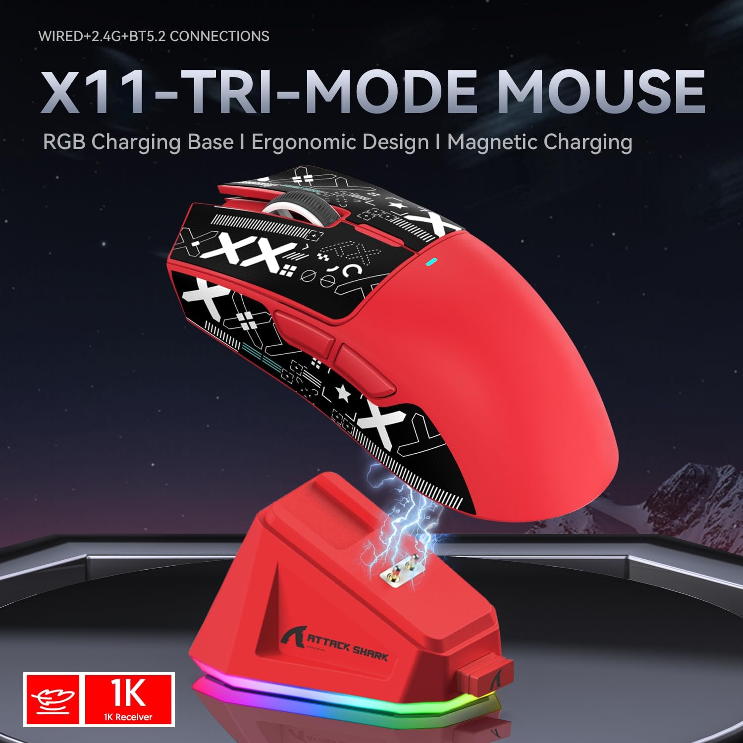 Thumbnail 1 de ATTACK SHARK X11 – Souris de Jeu sans Fil/Bluetooth 3 modes avec station de chargement magnétique et capteur PixArt PAW3311 22 000 DPI