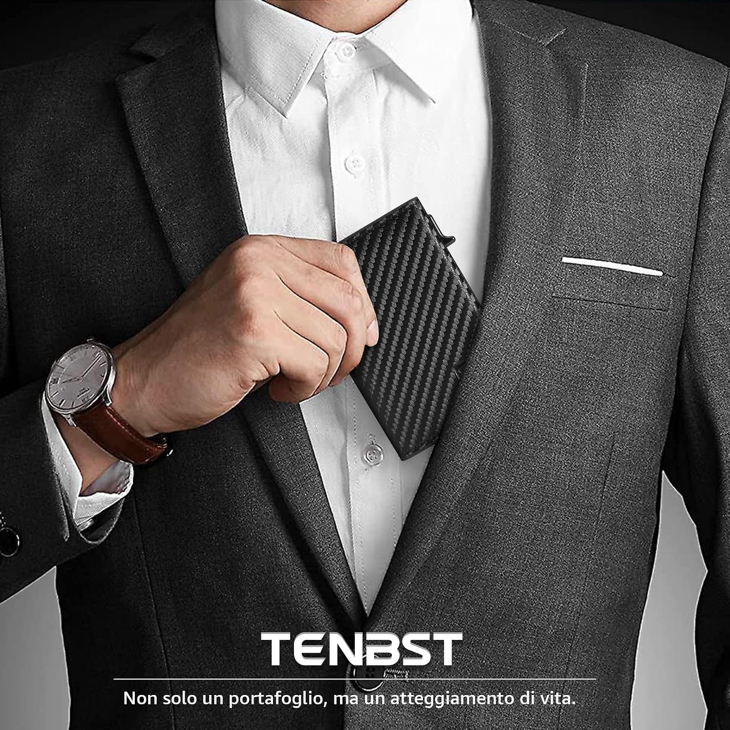 Detalle 2 de TENBST Portafoglio Slim con RFID Anticlonazione e Portamonete – Carbon Nero