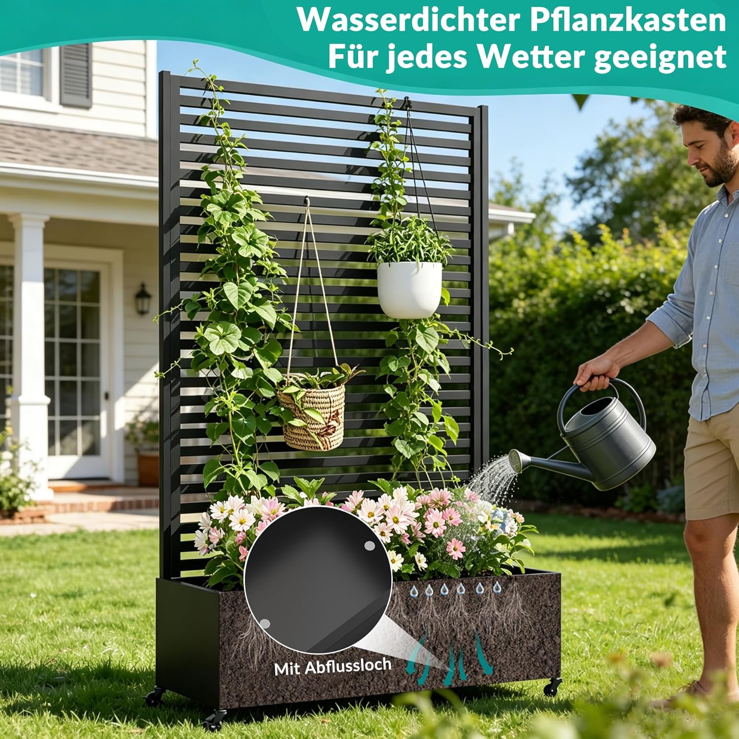 Detalle de Pflanzkasten aus Metall mit Spalier – Hochbeet auf Rädern, robuster Außenbereich