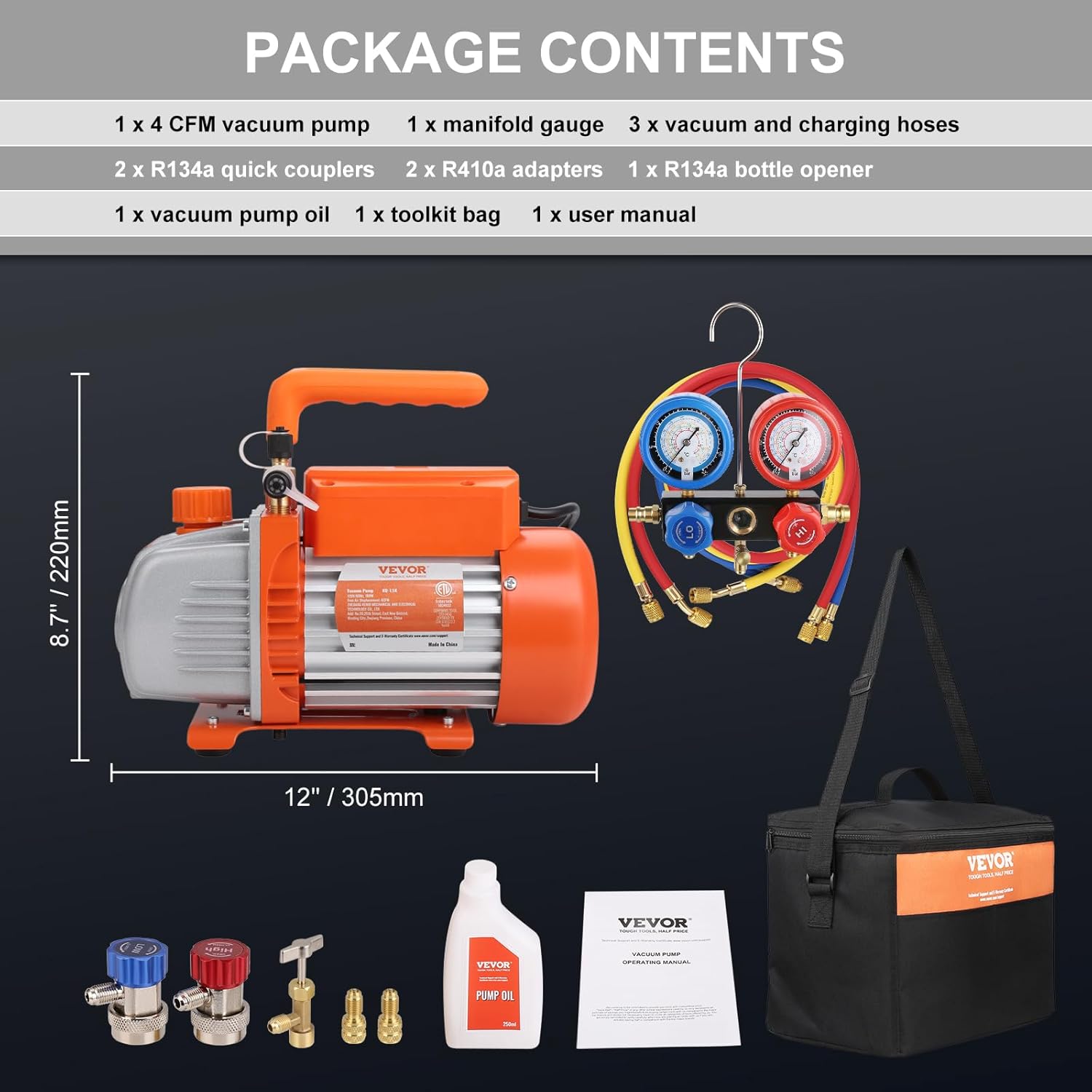 Thumbnail 6 de VEVOR Kit Pompa a Vuoto Monostadio per Aria Condizionata – 180W, 5 Pa, 128 L/min, 55–276 bar, completo di manometri e raccordi