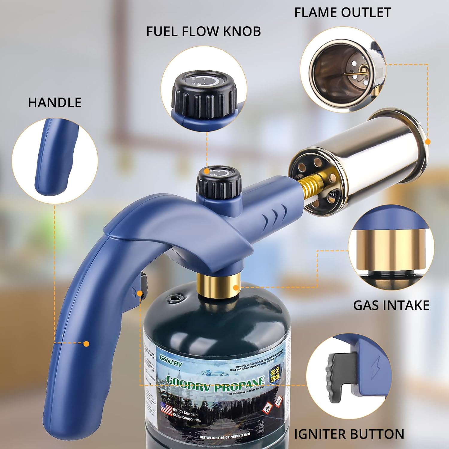 Detalle de Sondiko MT905 Propane Torch Weed Burner, Adjustable Flame, Blue