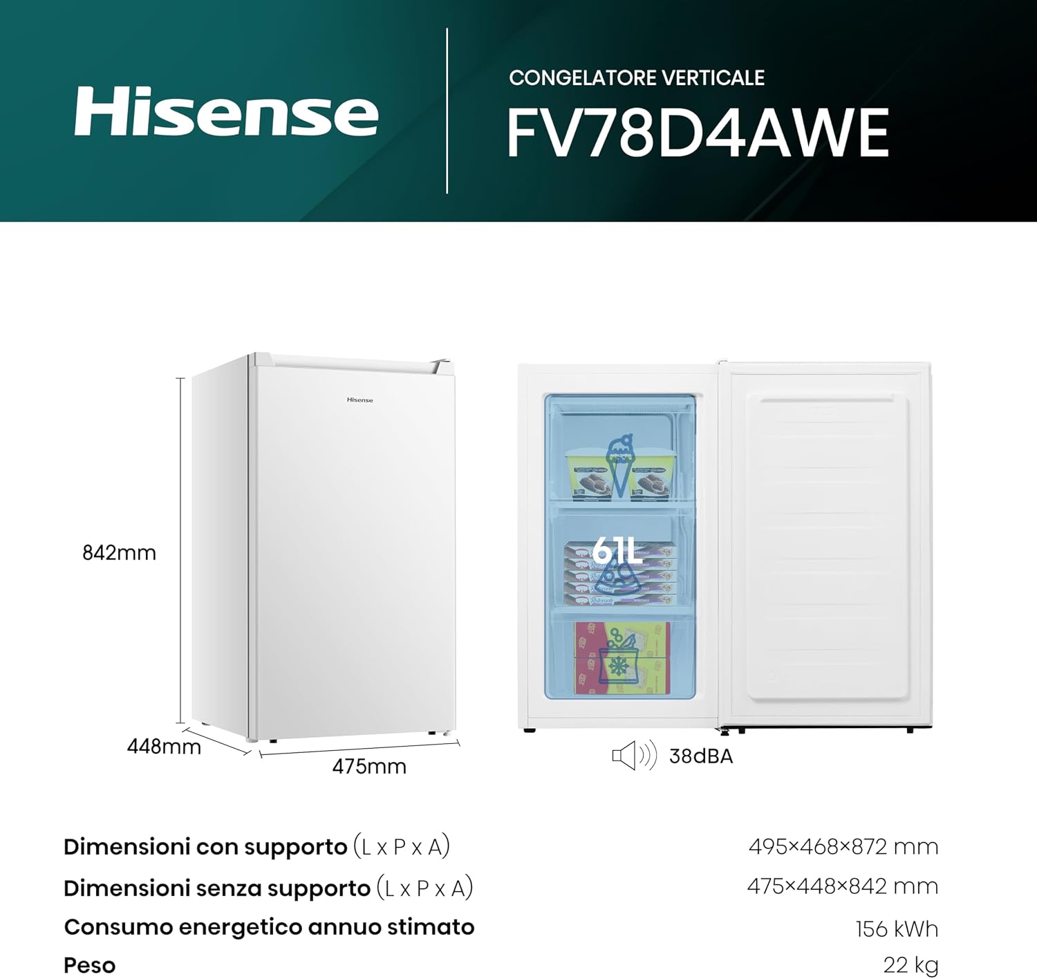 Thumbnail 1 de Hisense FV78D4AWE Congelatore Verticale Monoporta 61 L: compatto, efficiente ed esteticamente versatile
