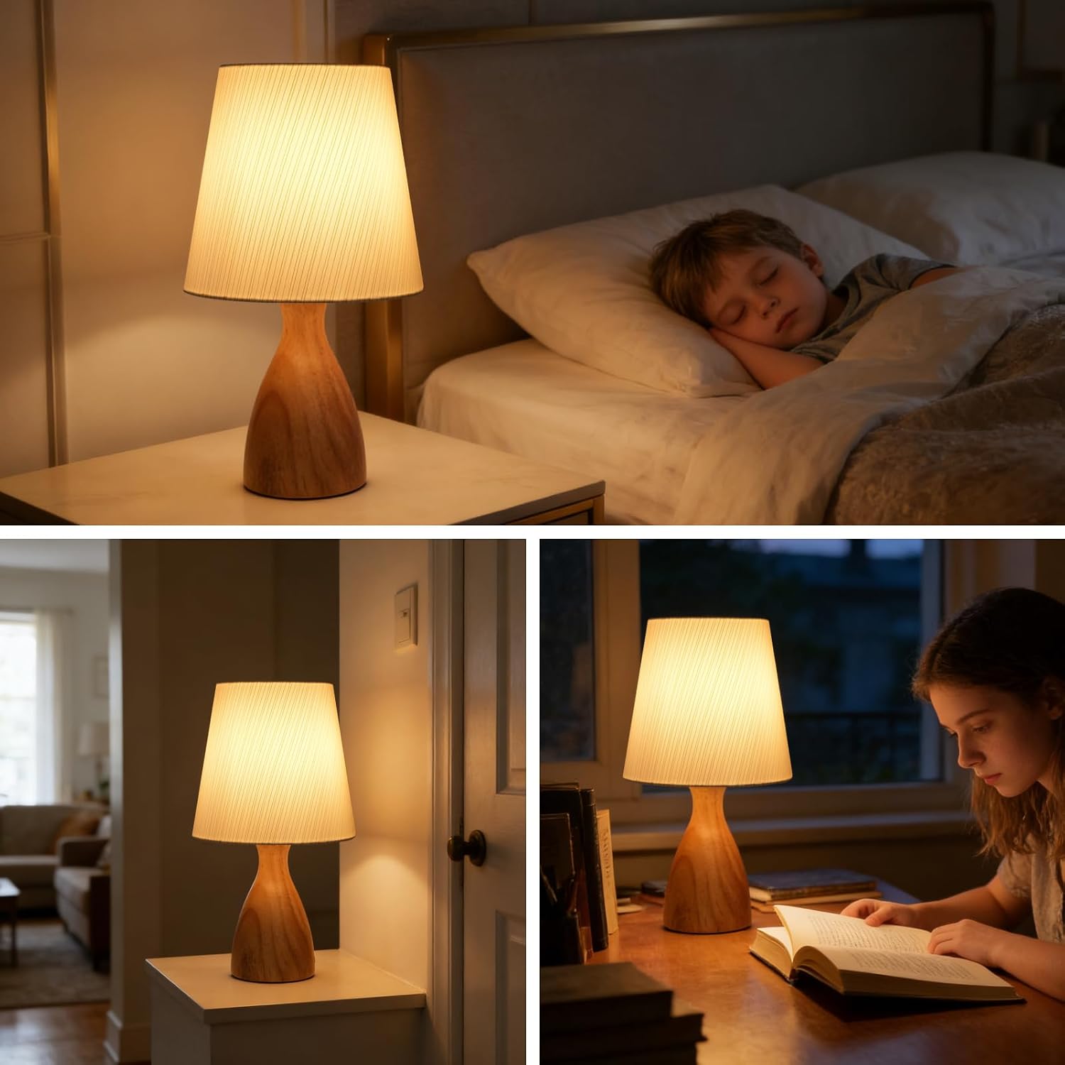 Thumbnail 6 de Aukimo Wood Bedside Table Lamp with White Linen Shade (Gold Stripe) – 12.6 Inch, LED Bulb Included