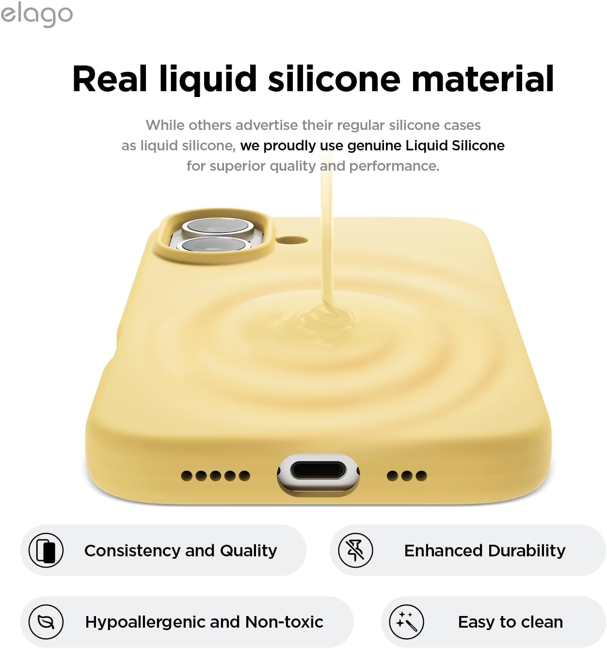 Detalle de Coque silicone elago “Liquide Premium” pour iPhone 16 Plus — protection intégrale antichoc, finition microfibre antirayures (jaune)