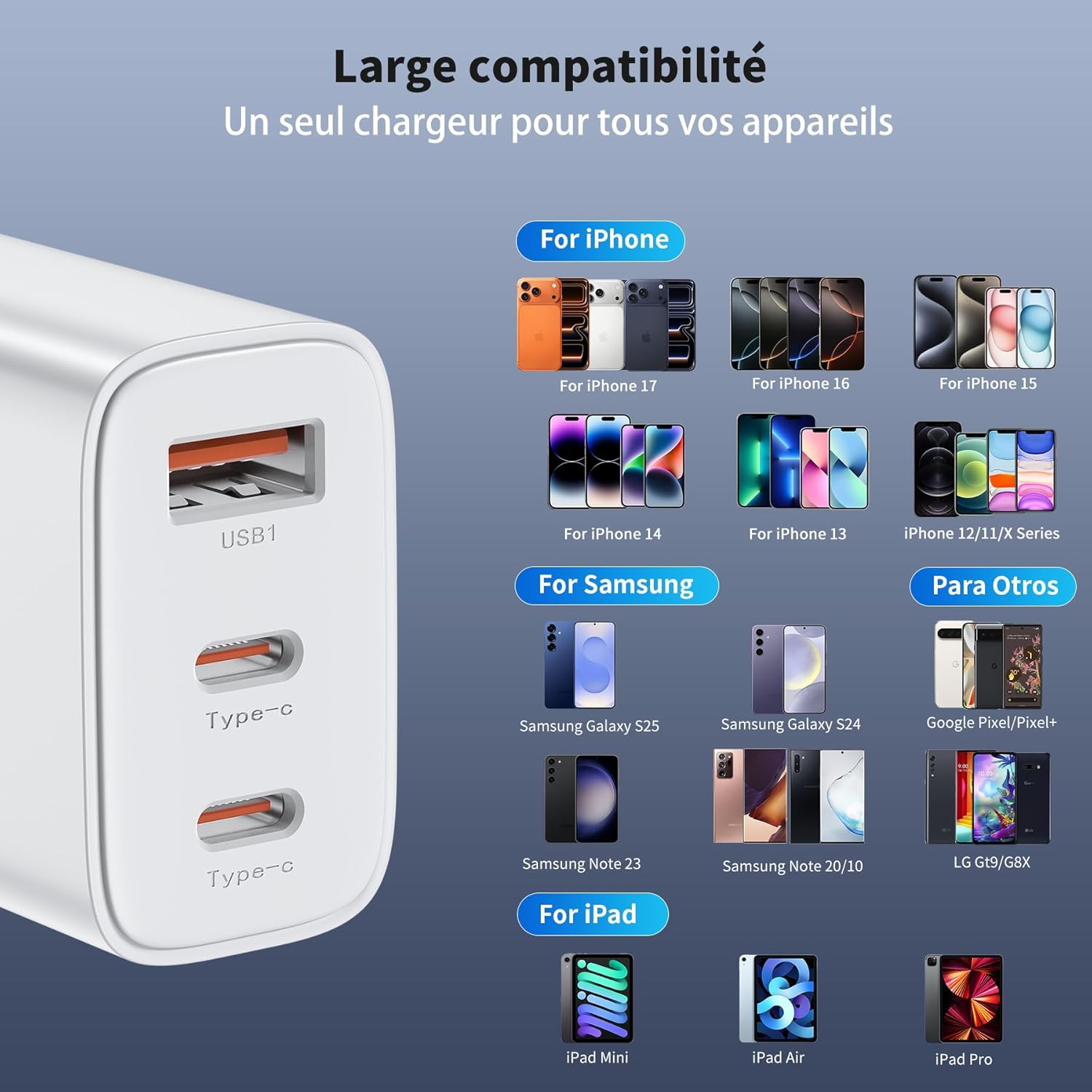 Thumbnail 3 de BHHB Chargeur USB-C 30W 3 Ports – Bloc d'alimentation rapide avec câble 2 m