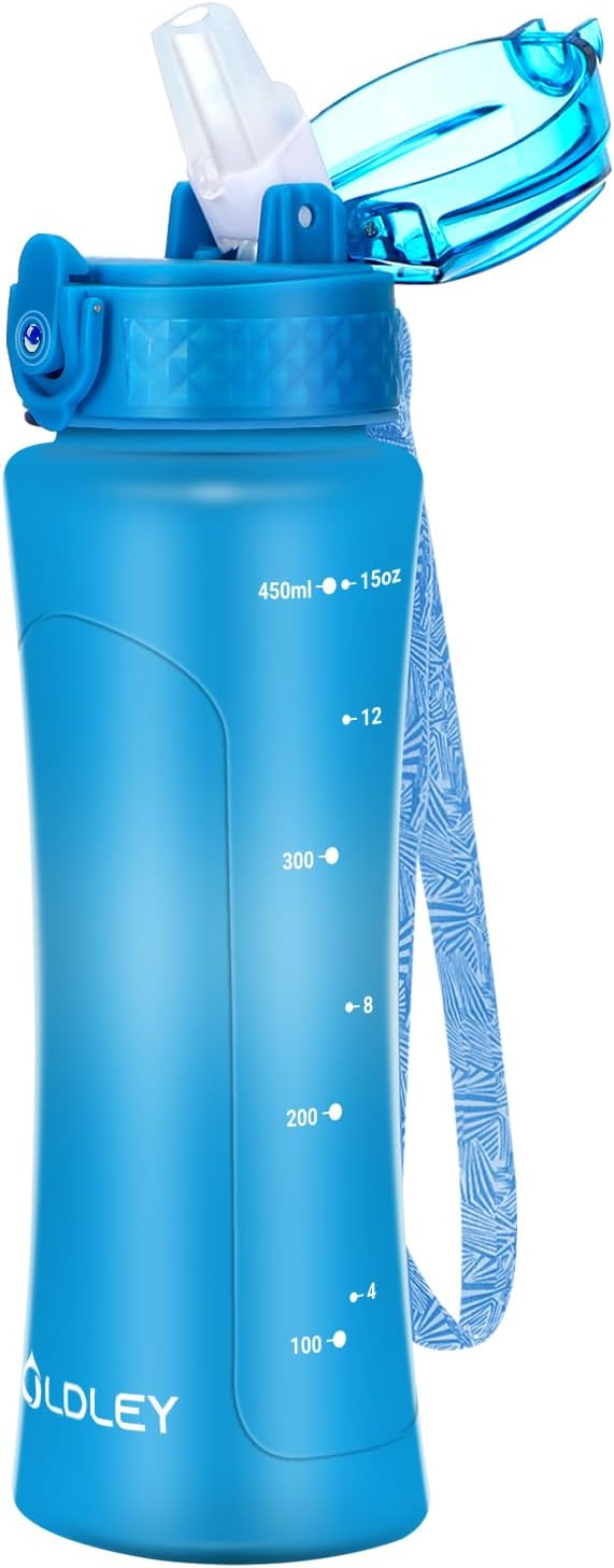 Detalle de OLDLEY 450ml (15oz) Water Bottle with Straw, Leakproof Reusable Bottle for School & Outdoor Sports (BPA Free)