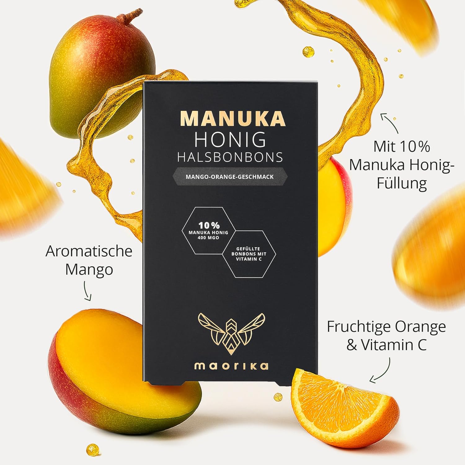 Detalle de maorika Manuka Honig Bonbons MGO 400+ mit Mango-Orangen Geschmack (100 g, 19 Stück)