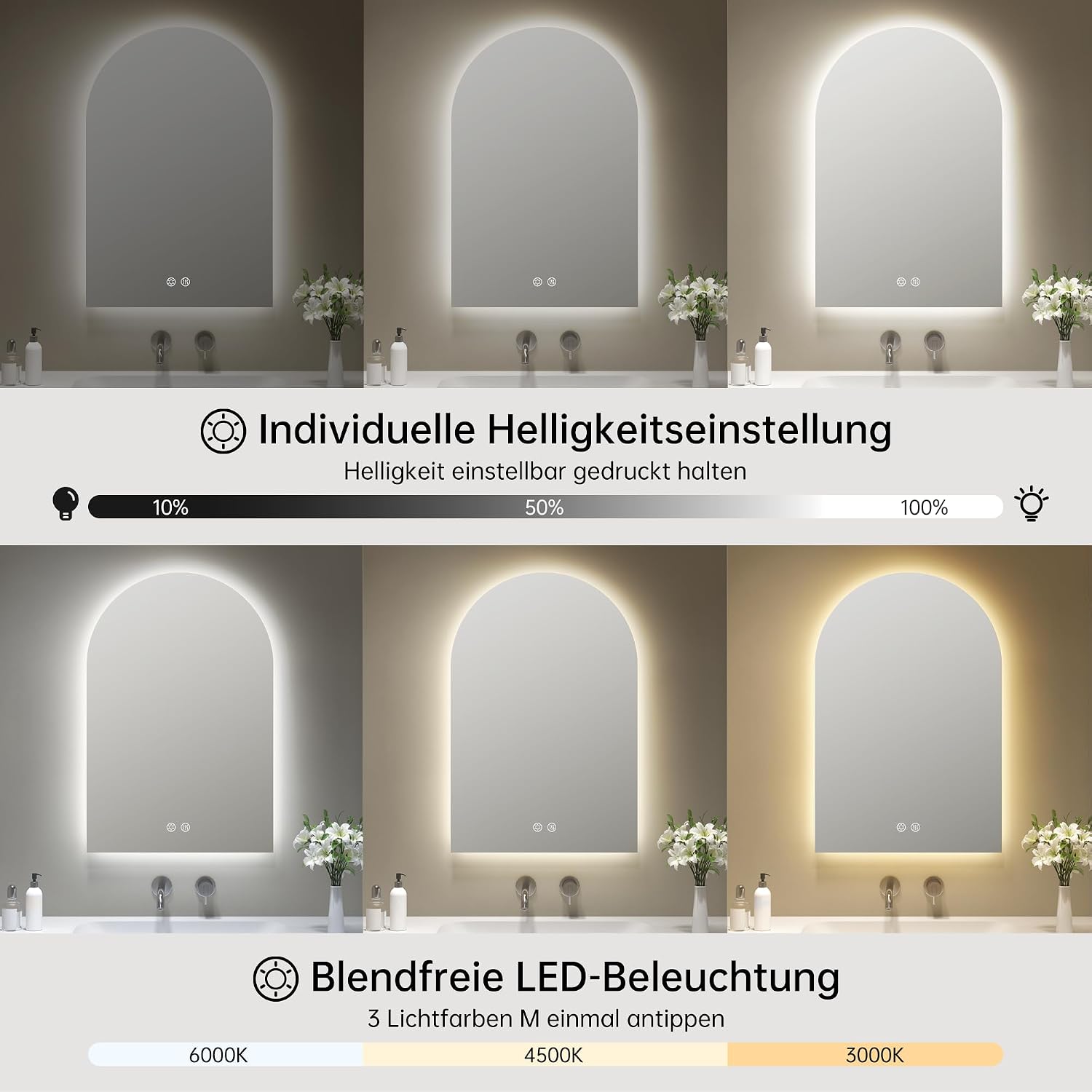 Detalle 2 de OUMUSU Badspiegel mit Beleuchtung Bogen 50x75 cm – rahmenlos, beschlagfrei per Heizung & Touch, dimmbar