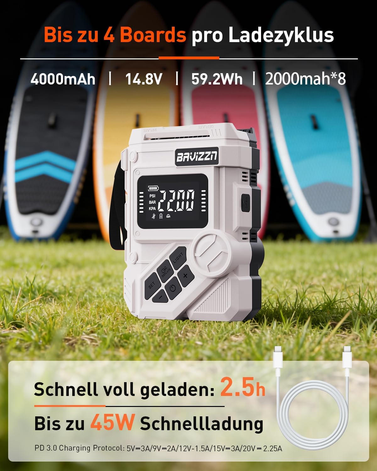 Thumbnail 3 de BAVIZZN 22PSI Elektrische SUP Pumpe mit Akku 12VDC – kompakte Allround-Pumpe für Paddleboard, Boote und Kajaks