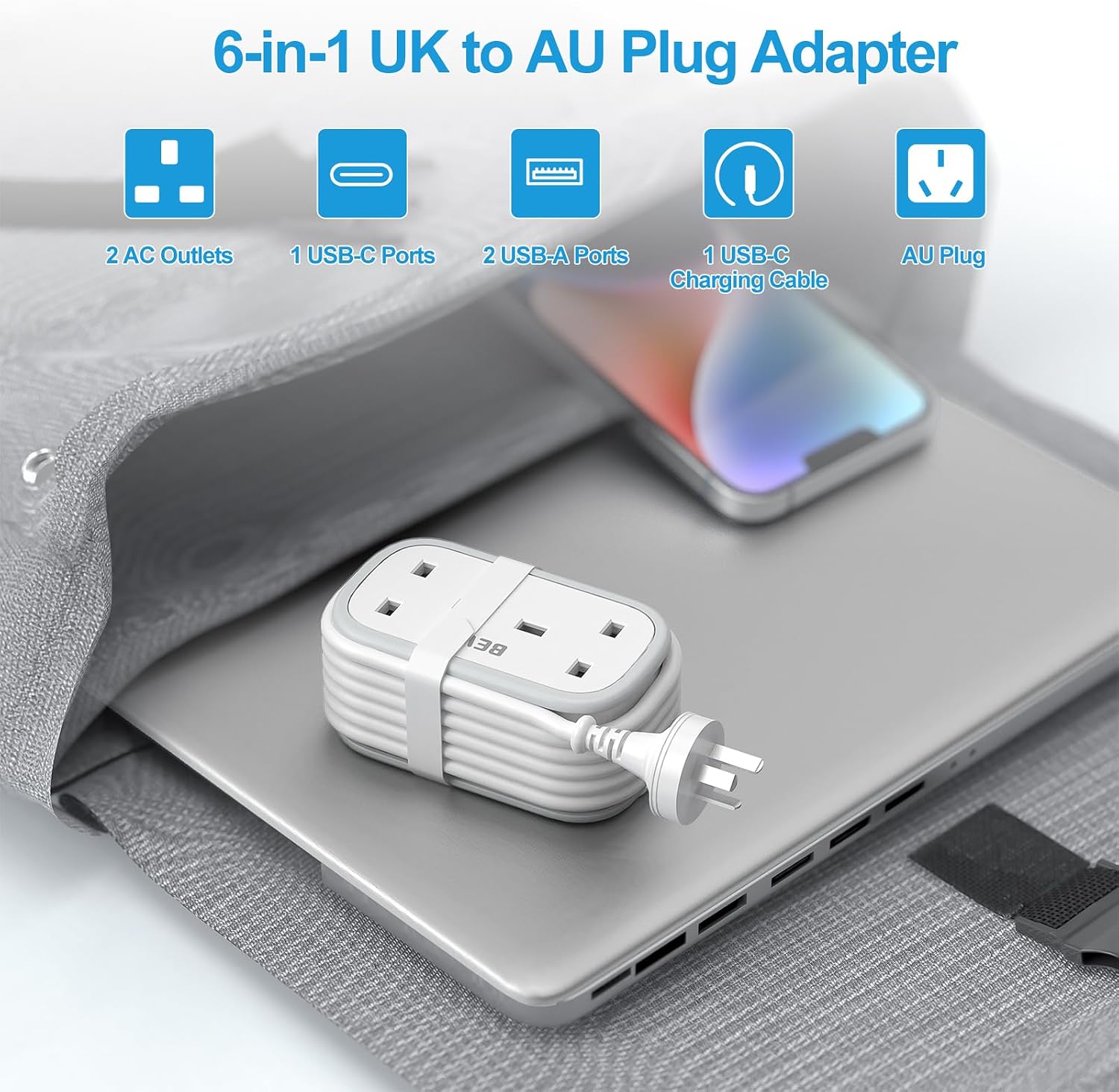 Detalle 2 de UK to Australia Plug Adapter with 1.5M Extension Cable, BEVA 2 Way 3 USB (2A+1C) Australian Power Adapter with Retractable USB C Cable for New Zealand, China, Fiji, Argentina (Type I)
UK to Australia Plug Adapter with 1.5M Extension Cable…