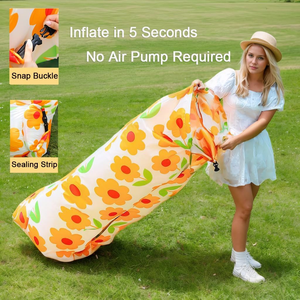 Detalle de WJZWQZ Quick Inflatable Lounger – Portable Air Sofa (Yellow) for Outdoor and Indoor Use