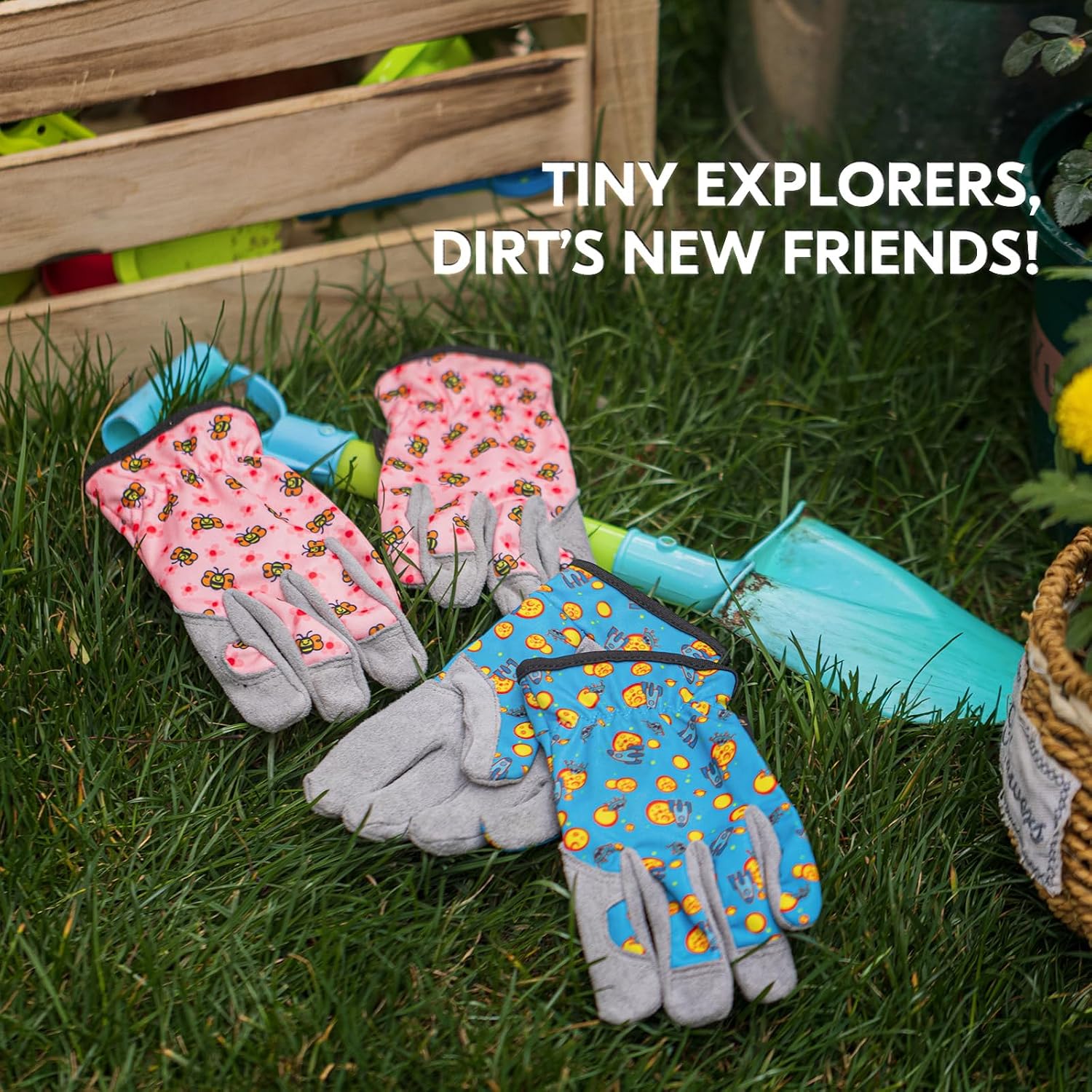 Detalle de Vgo... Kids Garden Gloves in Leather Palm, No-slip, Child- sized Work Gloves for Gardening