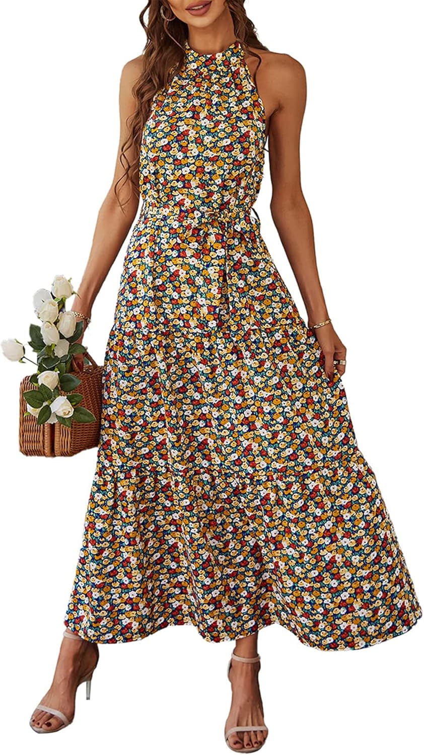 Detalle de PRETTYGARDEN Women's Summer Floral Maxi Sun Dress - Halter Neck, Belted Boho Sleeveless