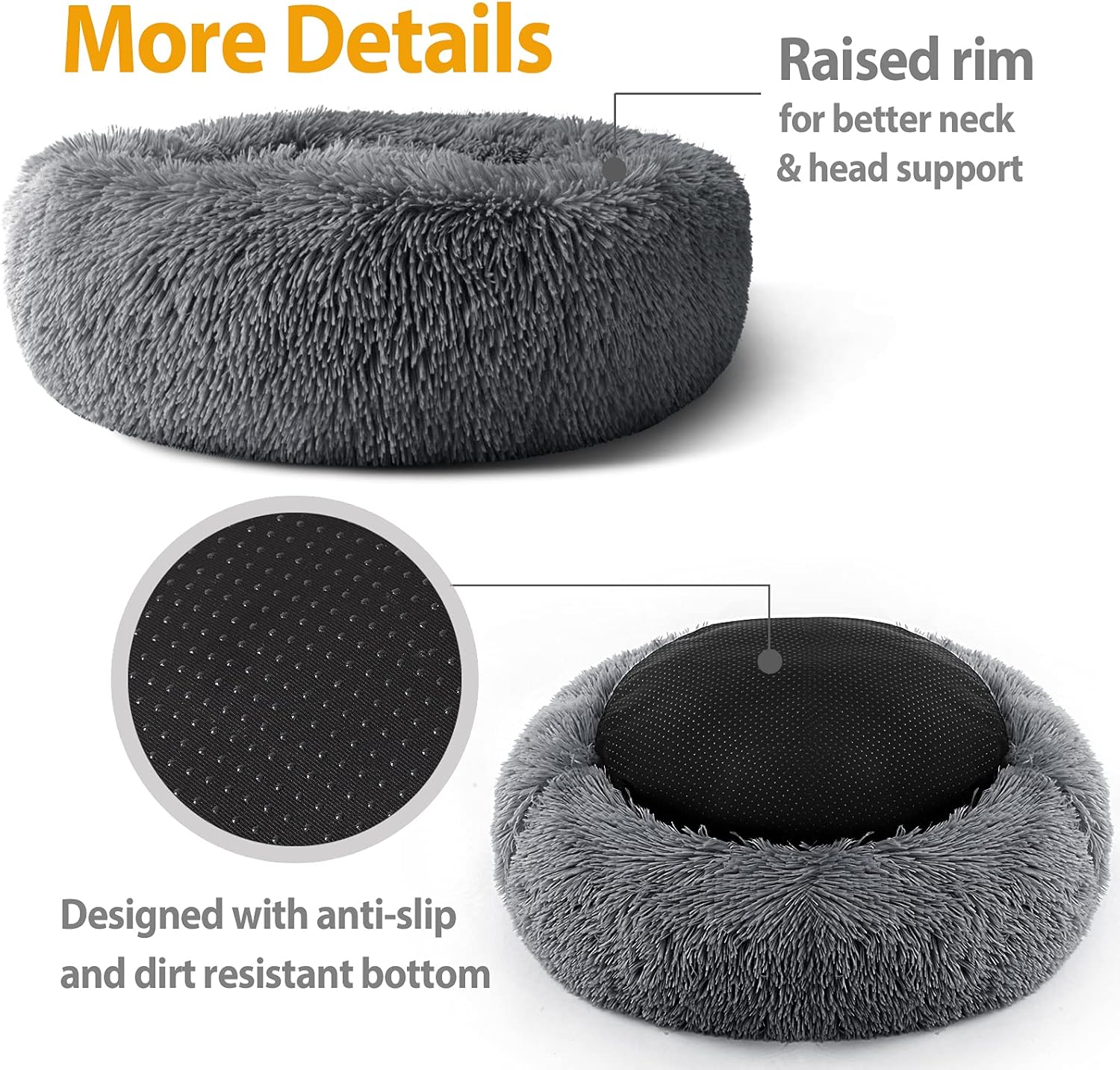 Detalle de Enjamoy Plush Donut Dog Bed – Calming, Self-Warming, Machine Washable Cushion (Dark Grey, 50cm)