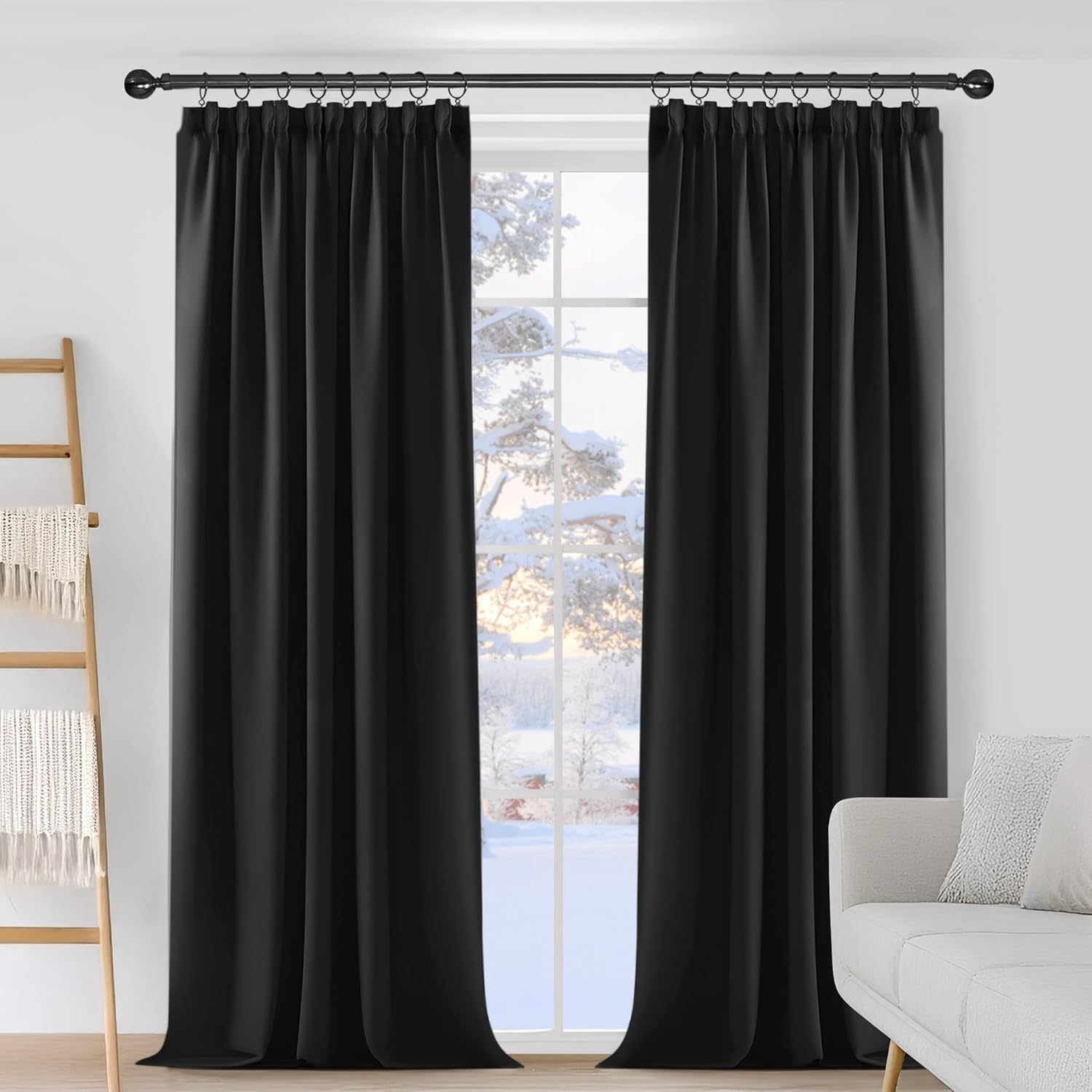 Thumbnail 2 de Deconovo Pencil Pleat Blackout Curtains Bedroom, 66 x 63 Inch, Black — Two Panels