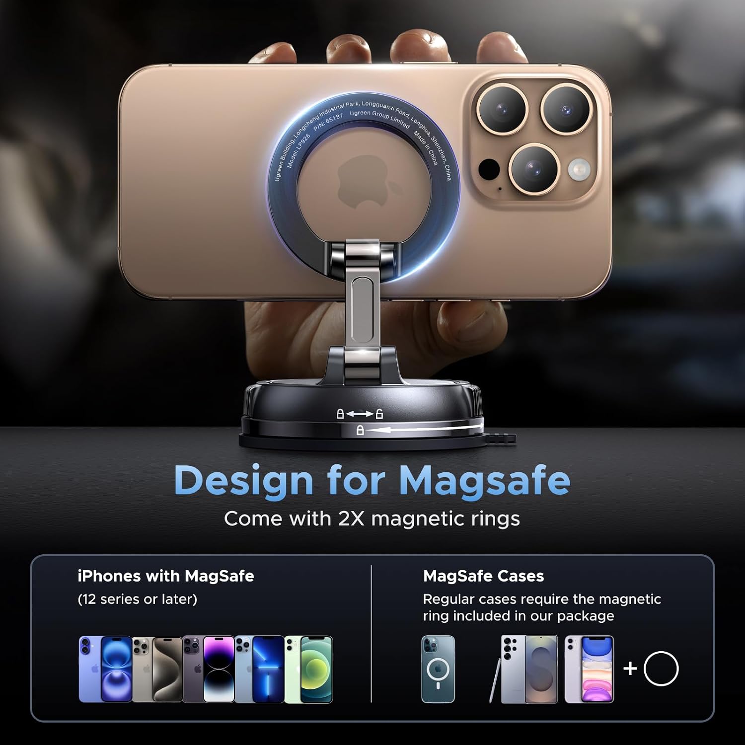 Thumbnail 5 de UGREEN 65187 MagSafe Car Phone Mount with 360° Rotation and Suction Cup