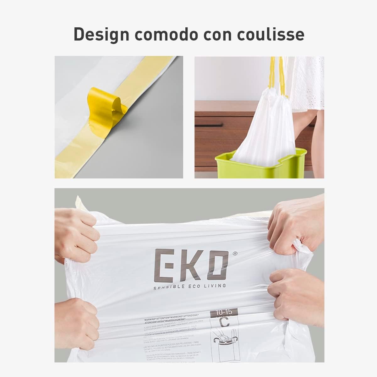 Detalle de EKO Sacchetti Pattumiera Code G 60 Pezzi (50-90 L) – Ultra Resistenti, Anti-Perdita, con Maniglie a Chiusura Automatica